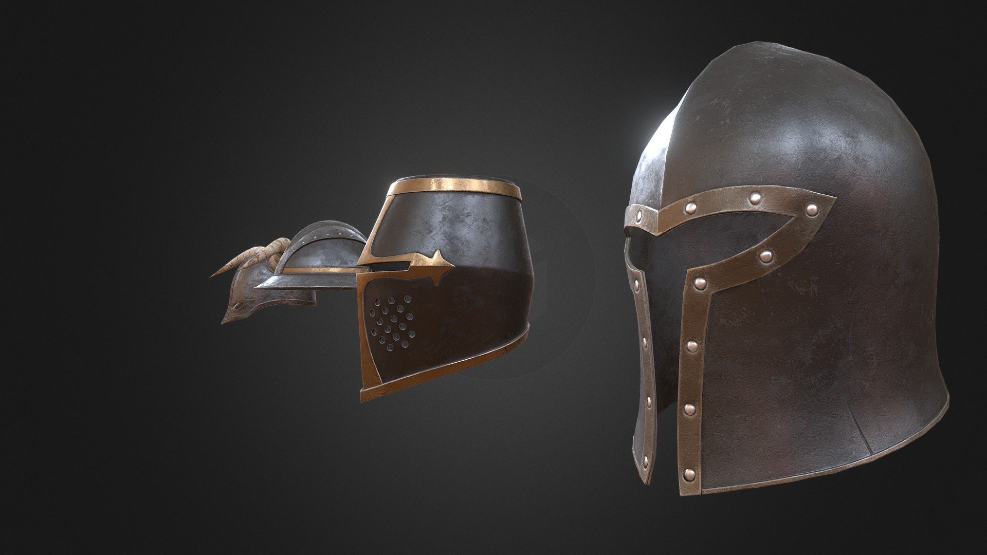 Package contains five, high quality, medieval style helmets. Every helmet has its material with 4k texture set 3d model