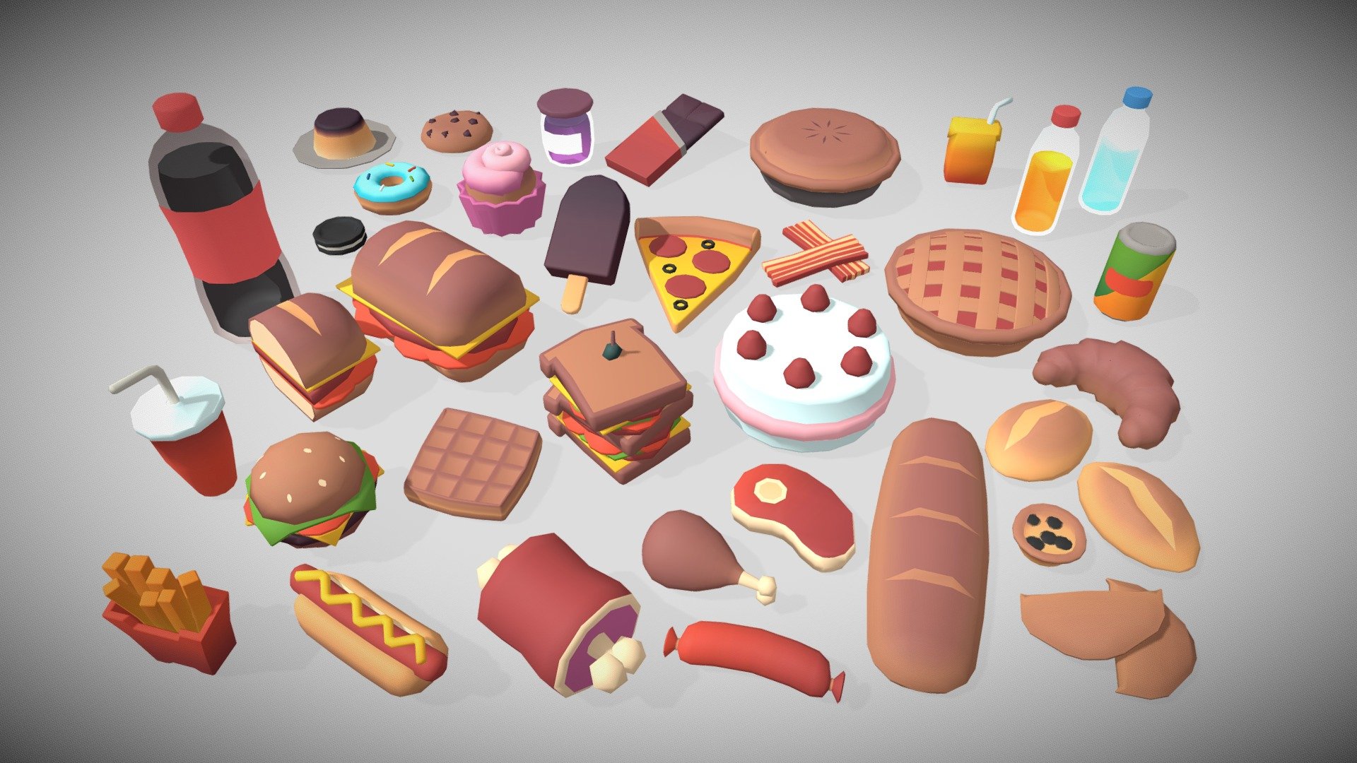 A stylized food pack with 35 different items to populate your scenes 3d model