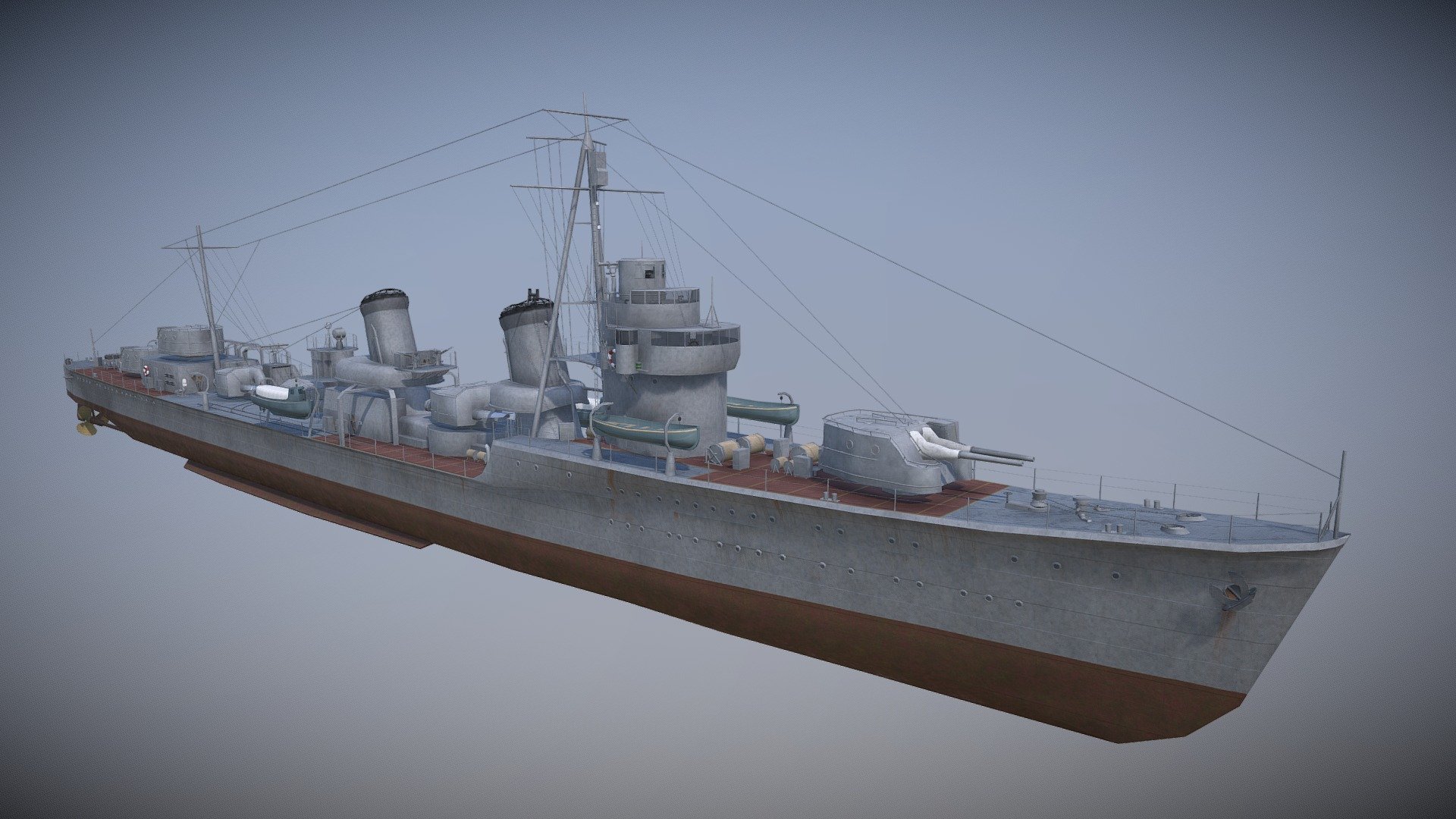 It's almost a year ago that I uploaded my first ship model, the IJN Fubuki, so I decided to make one of her more advanced sister ships: The IJN Ayanami.

The Ayanami was build for the Imperial Japanese Navy and when introduced into service she was one of the most powerful destroyer in the world. 
She sustained critical damage after being shelled by the USS Washington during the second phase of the Battle of Guadalcanal (15 November 1942) and was later scuttled by IJN Uranami.

(reuploaded on 11/21/2021 with remodelled bridge, new textures for hull and boats) - Ayanami - Buy Royalty Free 3D model by ThomasBeerens 3d model