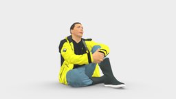 Serious Man In Yellow Winter Jacket Seat 0825 style, winter, people, jacket, clothes, miniatures, realistic, yellow, character, 3dprint, model, man, male