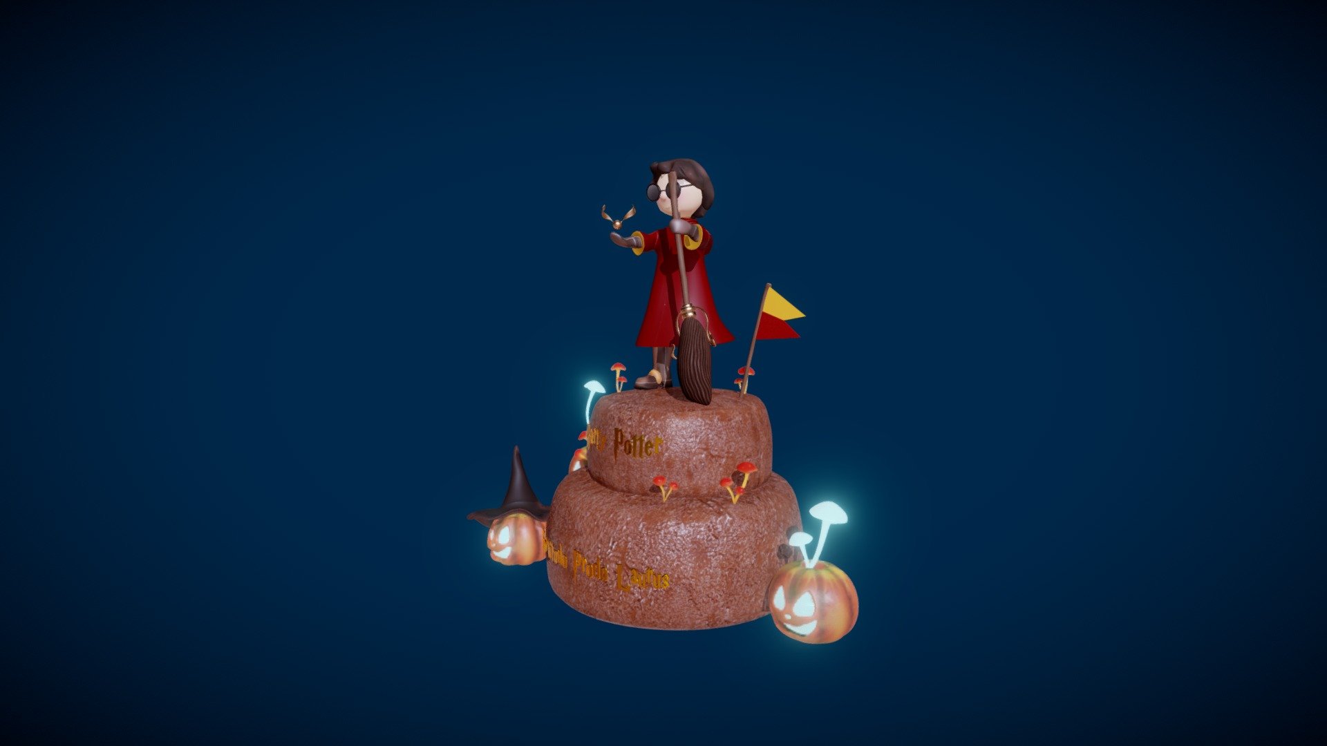 &lsquo;Harry Potter Cake' is a 3D model of a two-layer chocolate cake decorated with a stylized figure of Harry Potter character in his Quidditich team robe. The decoration also includes Quidditch flag, a flying broom, mushrooms, and evil pumpkins with poisonous, bioluminescent fungi.

*Artistic and Technical Attributes: * Most textures in the file are painted by me. A few textures have been retouched. This is a PBR model. Elements of the model relevant to PBR texturing have these maps: Albedo, Ambient Occlusion, Specularity, and Normal maps. The model is at the centre of the scene. All objects, materials, and textures have proper corresponding names .The mesh is subdivion ready and it does not come as a single mesh. This makes manipulation and further editing much easier.

If you have any suggestions on making this a better model, please feel free to share any ideas! Also, if you need help with anything regarding this model, please do not hestitate to contact me.

Thank you very much and have a good day! - Harry Potter Fantasy Cake - Buy Royalty Free 3D model by SuperWizard91 3d model