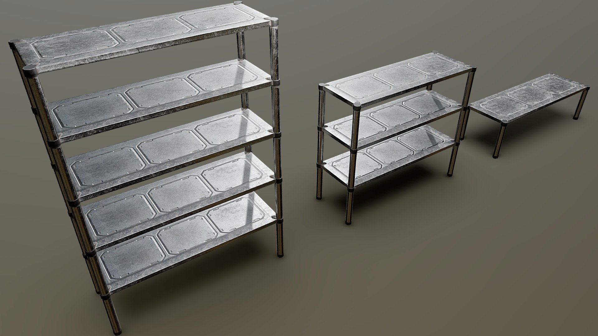 A set of low poly modern metal shelf/Bench assets in varying sizes. Models include detailed texture work including realistic weathering. Assets created within Blender and Substance painter.

PBR - Metallic Roughness - 4k 8 Bit 3d model