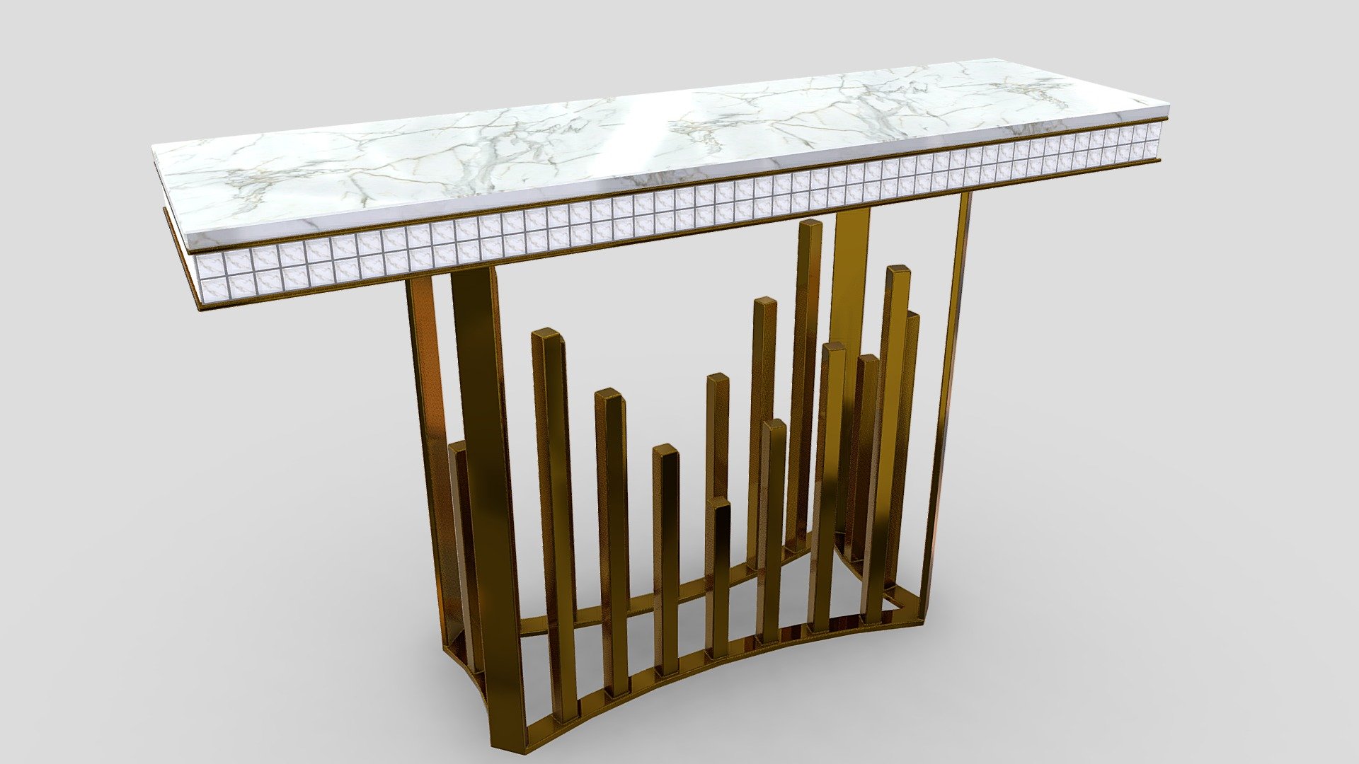 Rectangular Console, brass structure, Calacatta marble top with marble tiles mosaic around. Dimensions: Length 1200 mm, depth 350 mm, height 750 mm 3d model