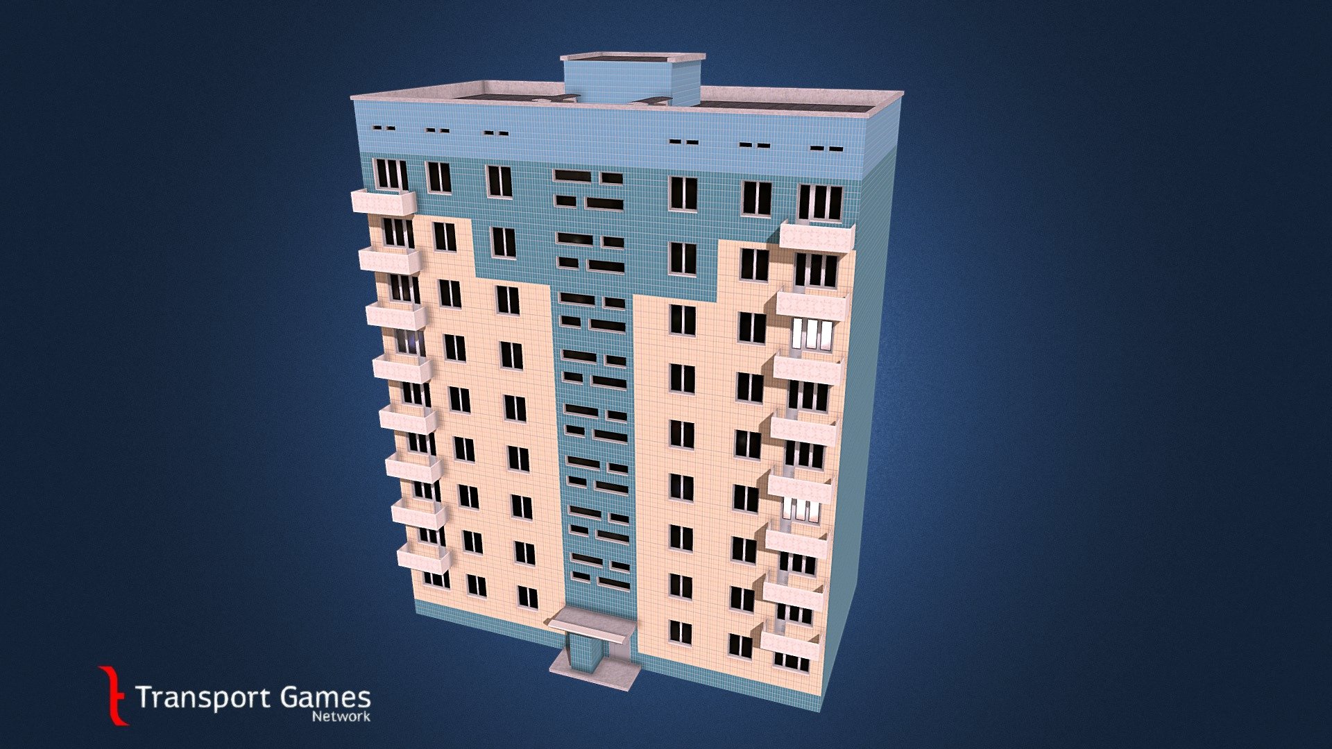 Asset for Cities Skylines.
Nine-storey one-entrance residential house.
Typical project 1-464D-83.
Blue-sandy-green version.

 - 1-464D-83 Blue/Sandy/Green One Entrance - 3D model by targa (@targettius) 3d model