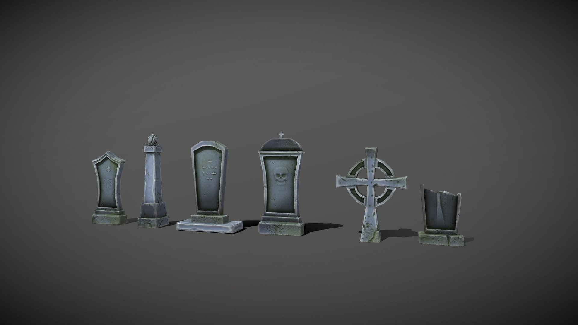 Set of stylized grave headstones for game environment in fantasy cartoon style. Hand painted grave stones for horror game.
One 4k PBR PNG textures set for all models: Color, Roughness, Normal Map (OpenGL) - Stylized lowpoly graveyard headstones PBR asset - Buy Royalty Free 3D model by Scritta 3d model