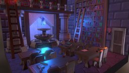 Library room, library, fountain, crystals, gem