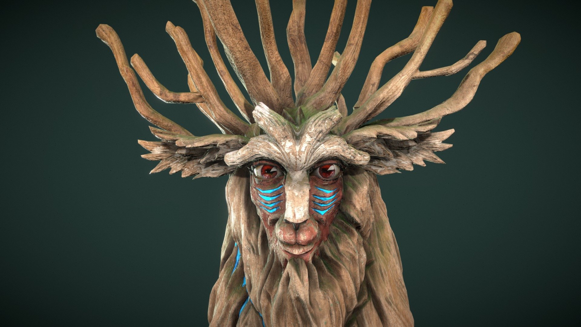 Princess Mononoke's Forest Spirit.

3D bust started with Nomad Sculpt and contiued in Zbrush. Then, I texturized the bust in Substance Painter to get an old handmade wooden look &amp; feel, with damage painting and moss, like a forgoten totem, idol, god figure. Also, I love the combination of blue epoxy resin with wood!
Hope you like! I enjoyed so much playing with Painter! - Forest Spirit - 3D model by Elena Valero (@elenavalero) 3d model