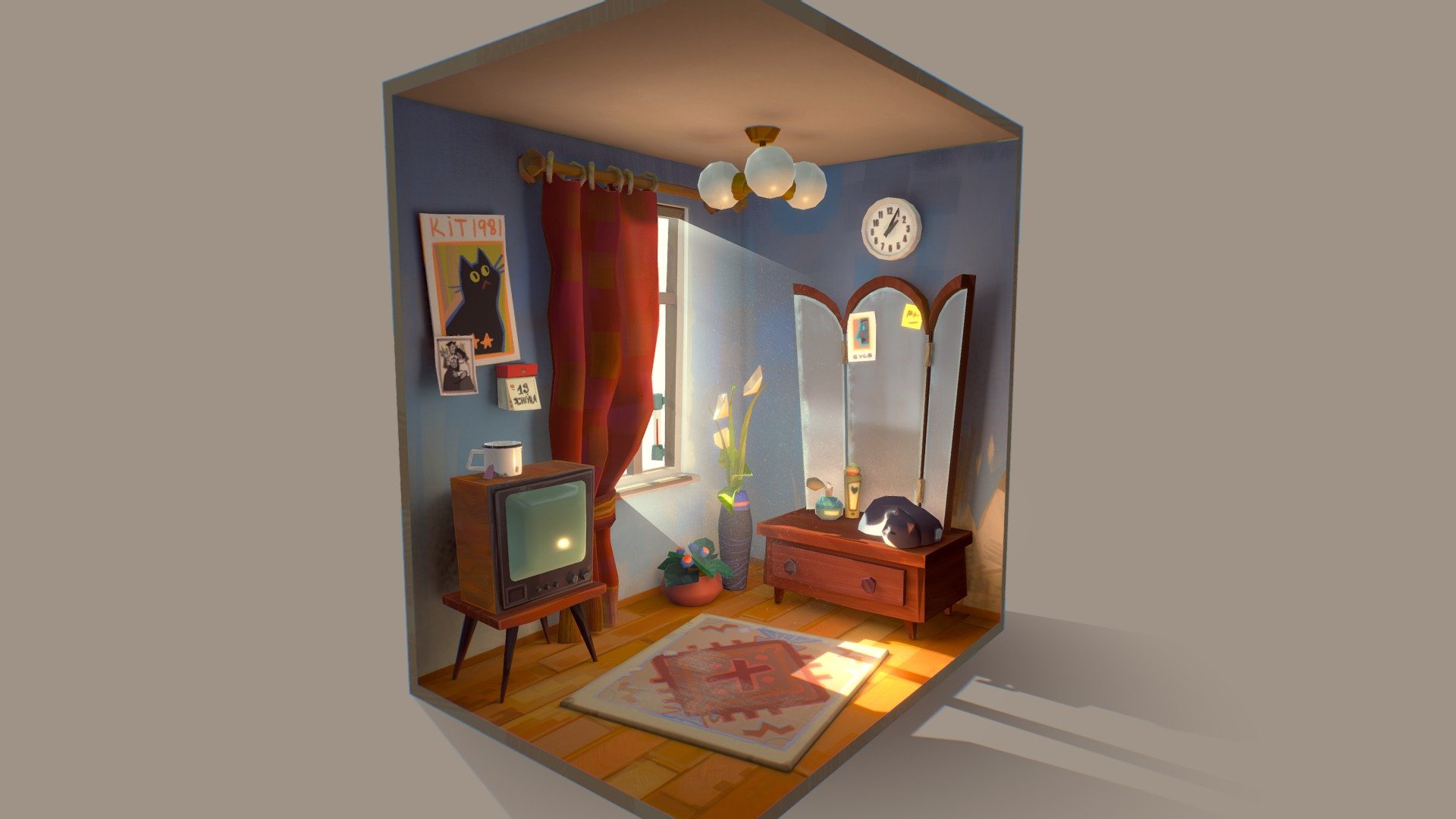 first try at modeling some small cartoonish enviroment. it's a mix of a babushkas' dacha and a friends' bedroom 3d model