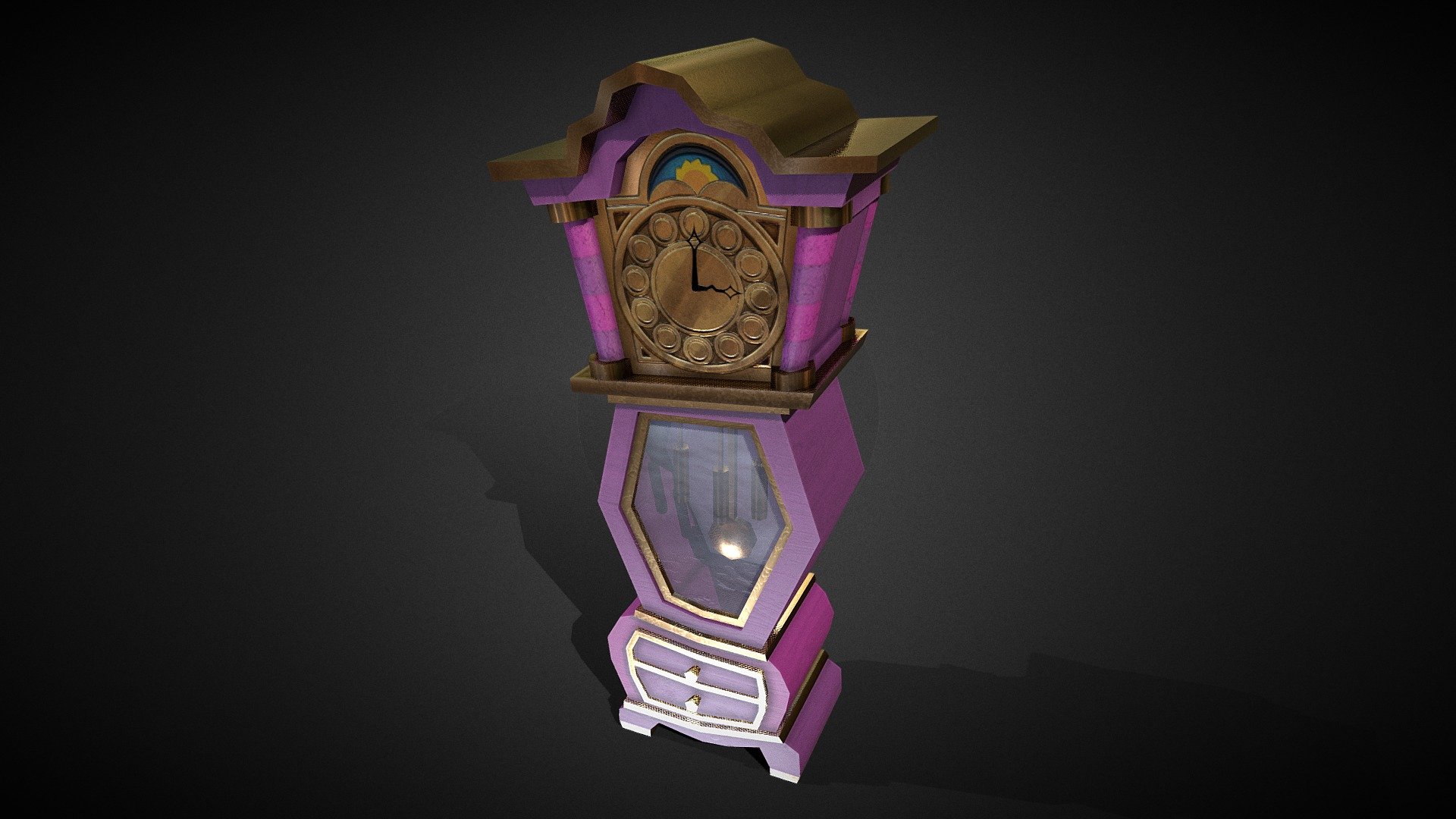 This is a low poly, cartooney grandfather clock. It is suitable for use in a video game. It has PBR Textures 3d model