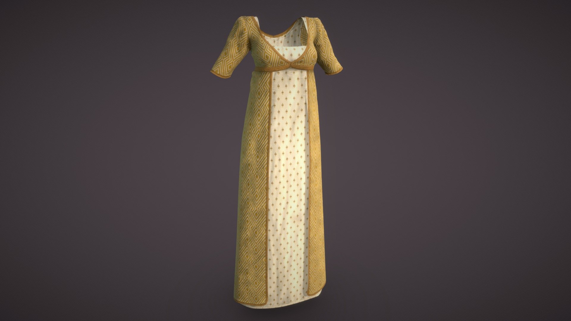 Detailed model of a dress with a yellow cape-coat in the Empire style
Vibrant yellow geometric cape-coat will not go unnoticed. The dress will perfectly fit into a fashion presentation, historical work, or become a beautiful addition to your avatar wardrobe. And add the realism and beauty of the Empire style to your project, game or metaverse:)

If you want more dresses - look at my models ^.^




Model info



created in Marvelous Designer

triangle topology, 25k triangles, no retop

clean unwrapped UV

textured in Substance Painter

2 sets of texture maps: Diffuse, Roughness, Metalness, Normal + MetallicSmoothness for Unity (all 4096*4096)

2 material

ready to use in blend and fbx format

attached MD file (zpac) to fit the dress to your character

The dress is made for a standard figure and fit to any character with a little effort.

Have questions about the model?
Mail me tochechkavhoda@gmail.com - Empire cape dress - Buy Royalty Free 3D model by tochechka 3d model