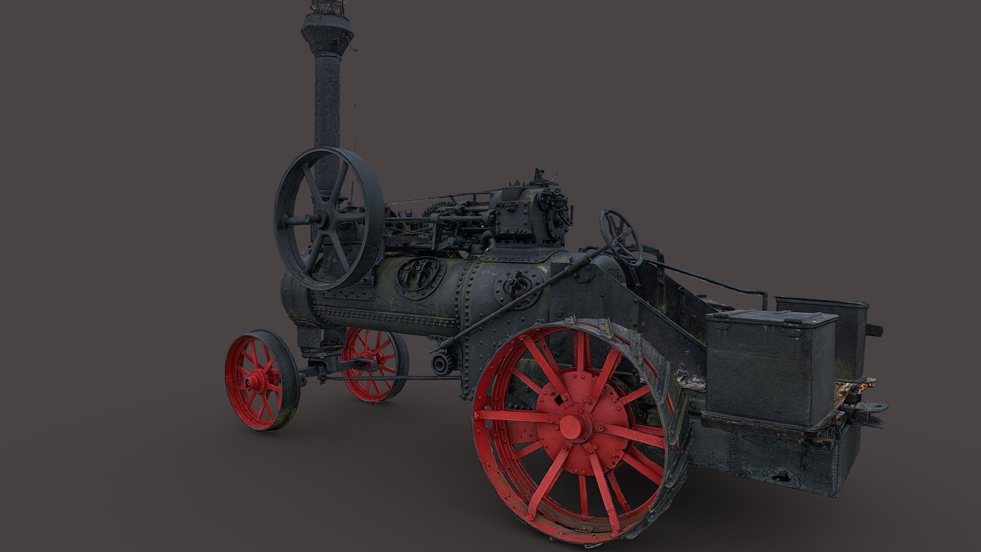 A traction engine is a steam-powered tractor used to move heavy loads on roads, plough ground or to provide power at a chosen location. The name derives from the Latin tractus, meaning ‘drawn’, since the prime function of any traction engine is to draw a load behind it. They are sometimes called road locomotives to distinguish them from railway locomotives – that is, steam engines that run on rails.

They became popular in industrialised countries from around 1850, when the first self-propelled portable steam engines for agricultural use were developed. Production continued well into the early part of the 20th century, when competition from internal combustion engine-powered tractors saw them fall out of favour.

Original placed at: https://goo.gl/maps/stU4pjEALyhctkHW7 Kagu, Rapla, Estonia.

Photogrammetry capture created in RealityCapture from 719 images.

© Saulius Zaura www.dronepartner.lt 2023 - Steam-powered tractor - 3D model by Saulius.Zaura 3d model