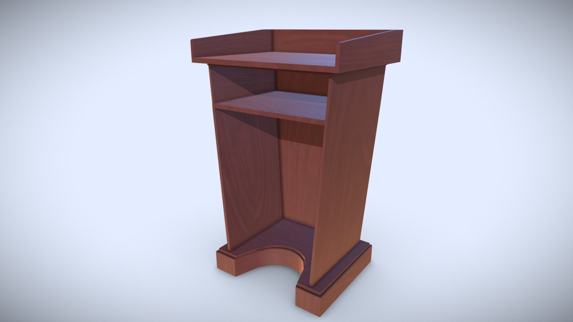 This 3D model is a Pulpit or lectern

Made in Blender 2.8
3D Modeling of a Pulpit o lectern
File format included - (Blend, FBX, OBJ, STL, Alembic, Collada )
Textures of 3D model 4k (Base Color, Normal Map, Roughness Map, AO)
Uvs non - overlapping
Polygon: Quads
Low poly
PBR
Centered at 0,0,0
Textures, materials and objects are logically named for ease of scene management
No special plugin needed to open scene 3d model