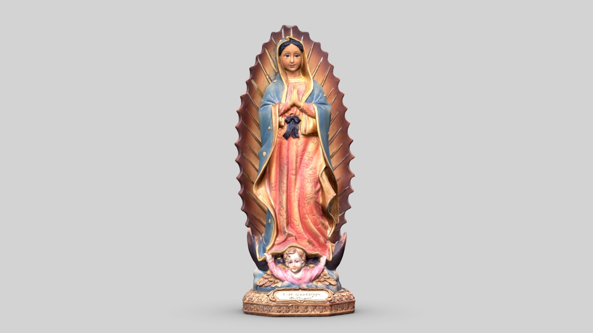 Notre-Dame de Guadalupe (en espagnol Nuestra Señora de Guadalupe) ou Vierge de Guadalupe (en espagnol Virgen de Guadalupe) est, au Mexique, le nom donné à la Vierge Marie qui serait apparue, selon la tradition, à un indigène du Mexique, Juan Diego, en 1531, ainsi qu'à l'image acheiropoïète qui lui est associée (l'image de la Vierge sur la tilma). La Vierge de Guadalupe est une figure du catholicisme en Amérique latine ; sa fête, le 12 décembre rassemble toutes les nations américaines. À cette occasion, de nombreuses célébrations sont organisées dans le monde entier.

Nuestra Señora de Guadalupe, conocida comúnmente como la Virgen de Guadalupe, ​ es una aparición mariana de la Iglesia católica de origen mexicano, cuya imagen tiene su principal centro de culto en la Basílica de Guadalupe, ubicada en las faldas del cerro del Tepeyac, en el norte de la Ciudad de México 3d model