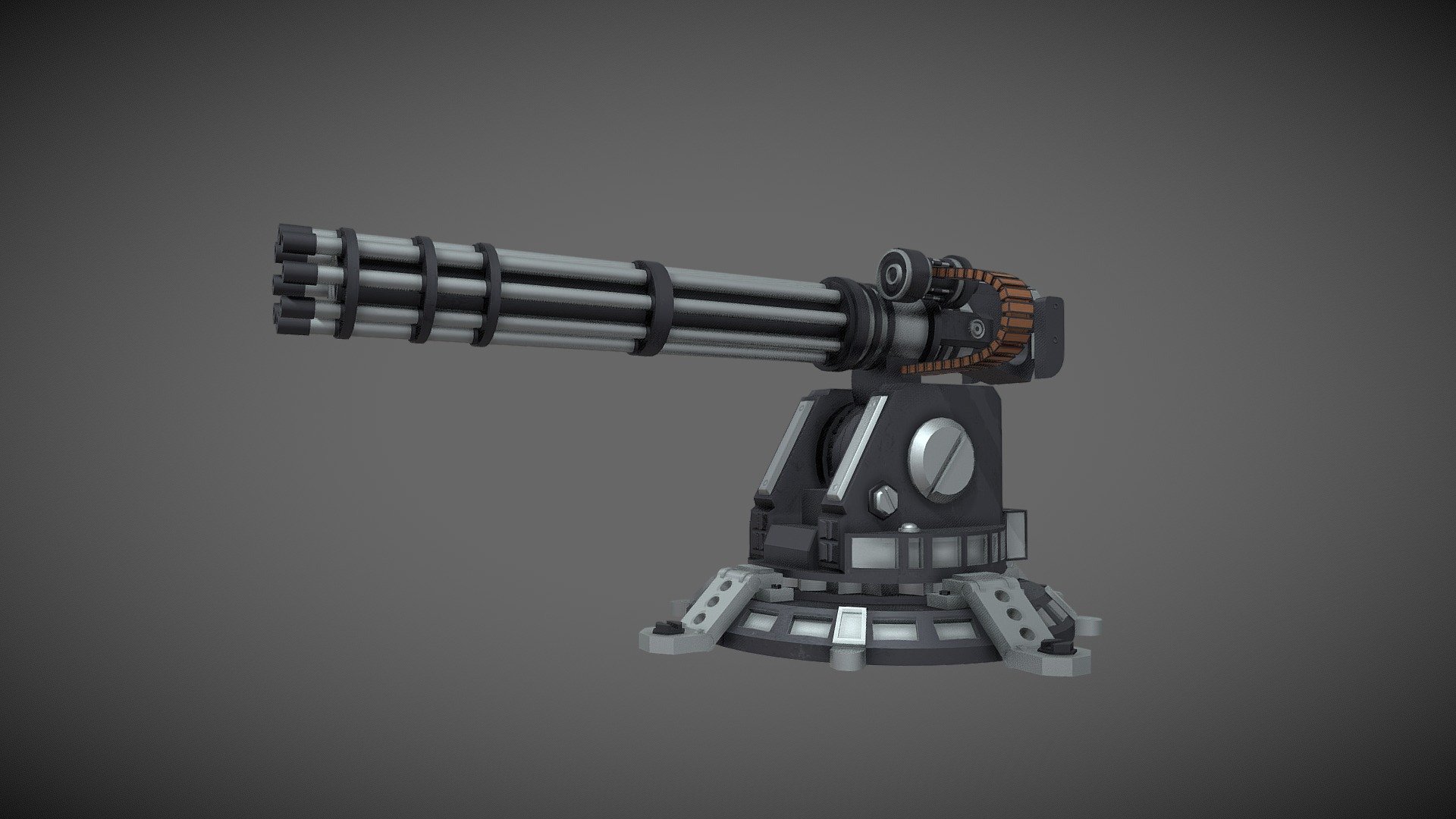 A game-ready asset of an automathic minigun turret. Good for use it as asset at Batlleships, Spaceships or Tanks as a defense turret.
It has12.559 Faces. Modeled in Blender and textured in Substance Painter.
The model is rigged and ready to animate. The rig is optimized and the bones have been edited so its super easy to know how it works. It already has a little animation for demostration. 
Theres is a Blender file with the asset ready to animate, also there are fbx and obj files and a Zip file with the textures needed. 
If you want any kind of similar asset that fits better with your projects, feel free to contact me so we can talk about your specific needs and get into an agreement :).
You can contact me using this link: https://linktr.ee/Gomizard - Minigun turret - Buy Royalty Free 3D model by Gomizard 3d model