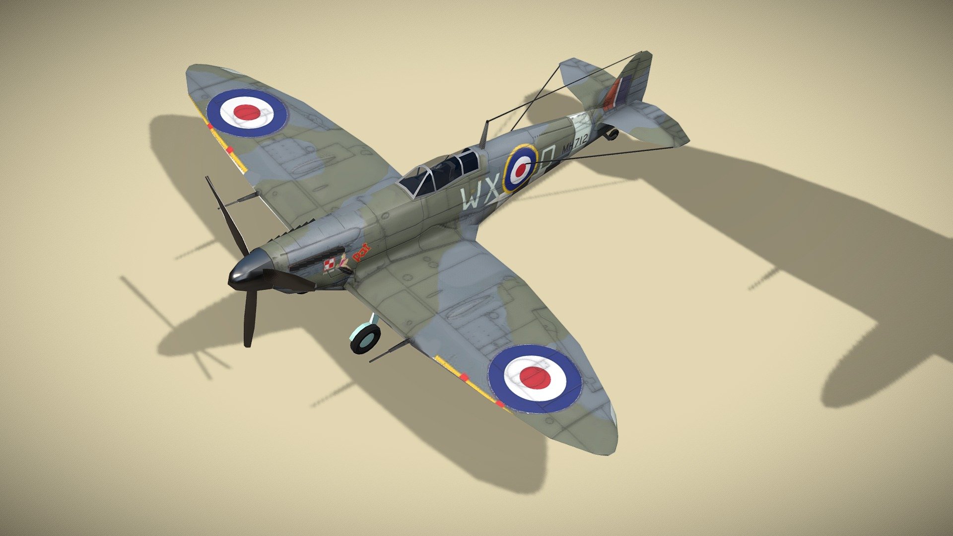 Supermarine Spitfire

Lowpoly model of british fighter plane.



Supermarine Spitfire is a British single-seat fighter aircraft that was used by the Royal Air Force and other Allied countries before, during, and after World War II. Many variants of the Spitfire were built, using several wing configurations. It was also the only British fighter produced continuously throughout the war.
Spitfire was designed as a short-range, high-performance interceptor aircraft by R. J. Mitchell. Mitchell pushed the Spitfire's distinctive elliptical wing with innovative sunken rivets to have the thinnest possible cross-section, helping give the aircraft a higher top speed than several contemporary fighters, including the Hawker Hurricane.



1 standing version with wheels and 2 flying versions with trails, afterburner, pilot and armament.

Model has bump map, roughness map and 3 x diffuse textures.



Check also my other aircrafts and cars 3d model