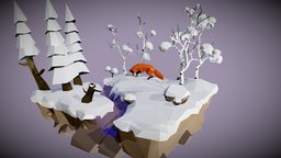 winter scene trees, tree, landscape, red, winter, white, snow, painting, fox, island, christmas, silver, floating, birch, festive, festiv, stair, blender, art, lowpoly, low, poly, stylized, download