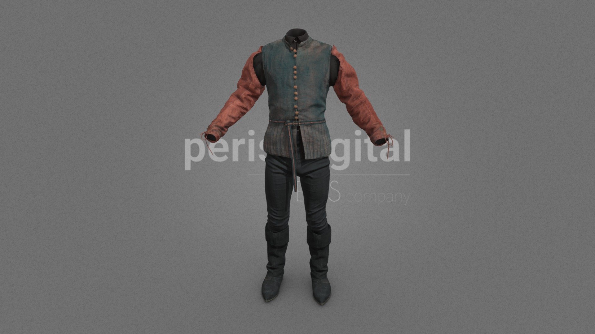 Blue jacket with red attachable sleeves and yellow buttons, blue and yellow belt, black shirt, black trousers, black high boots

They are optimized for use in 3D scenes of medium/high polygonalization and optimized for rendering.

We do not include characters, but they are positioned for you to include and adjust your own character.

They have a model LOW (_LODRIG) inside the Blender file (included in the AdditionalFiles), which you can use for vertex weighting or cloth simulation and thus, make the transfer of vertices or property masks from the LOW to the HIGH** model.

**We have included the texture maps in high resolution, so you can make extreme point of view with your 3D cameras, as well as the Blender file so you can edit any aspect of the set.

Enjoy it.

Web: https://peris.digital/ - Medieval-Renaissance Series - Man 05 - Buy Royalty Free 3D model by Peris Digital (@perisdigital) 3d model