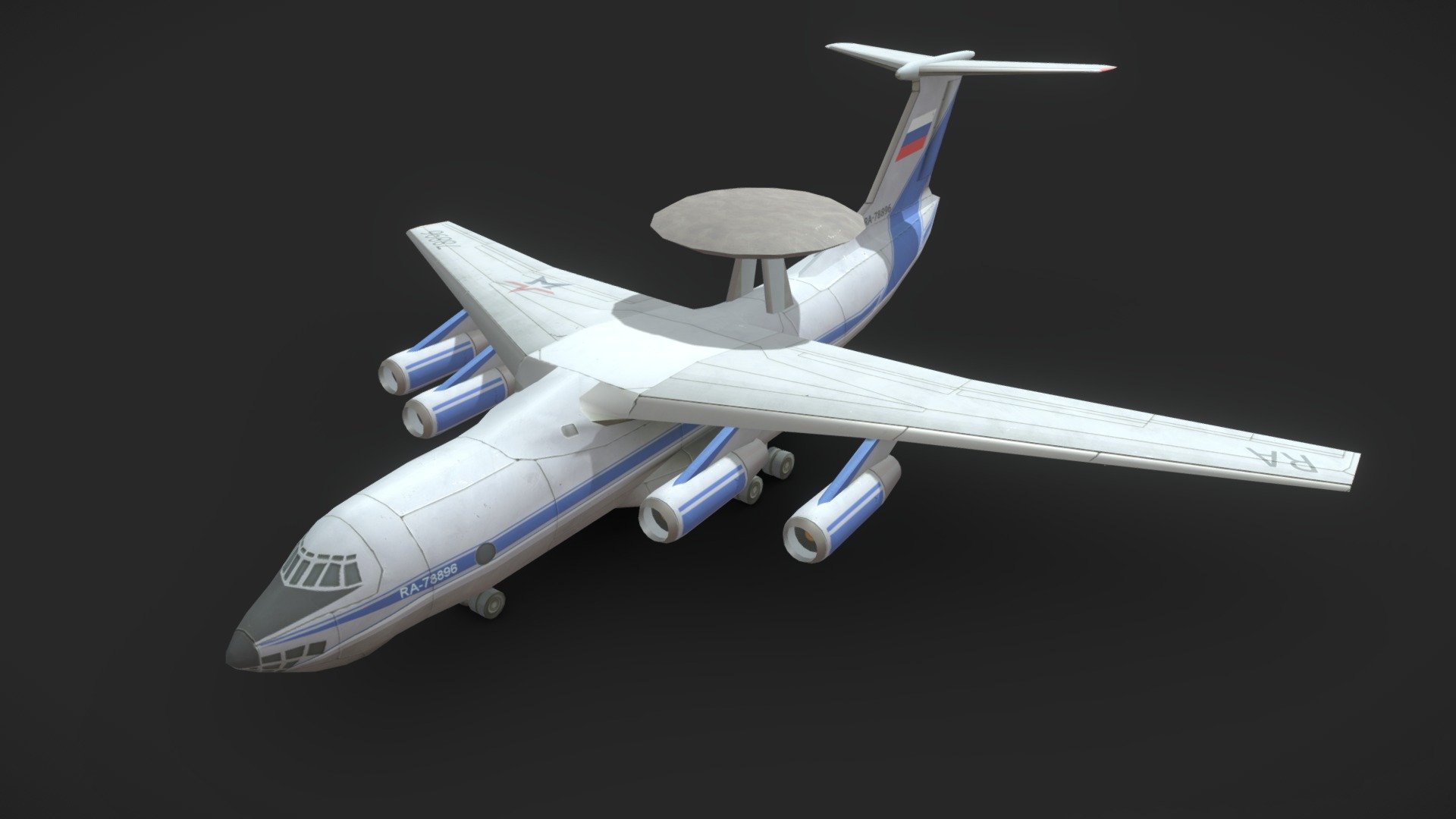 Low-poly model of a Soviet/Russian cargo plane Il-76 (NATO reporting name: Candid, Russian: Ил-76, А-50.) created in 2014 for an RTS game. 
This model contains mesh that can be used both for a normal Il-76 &ldquo;Candid