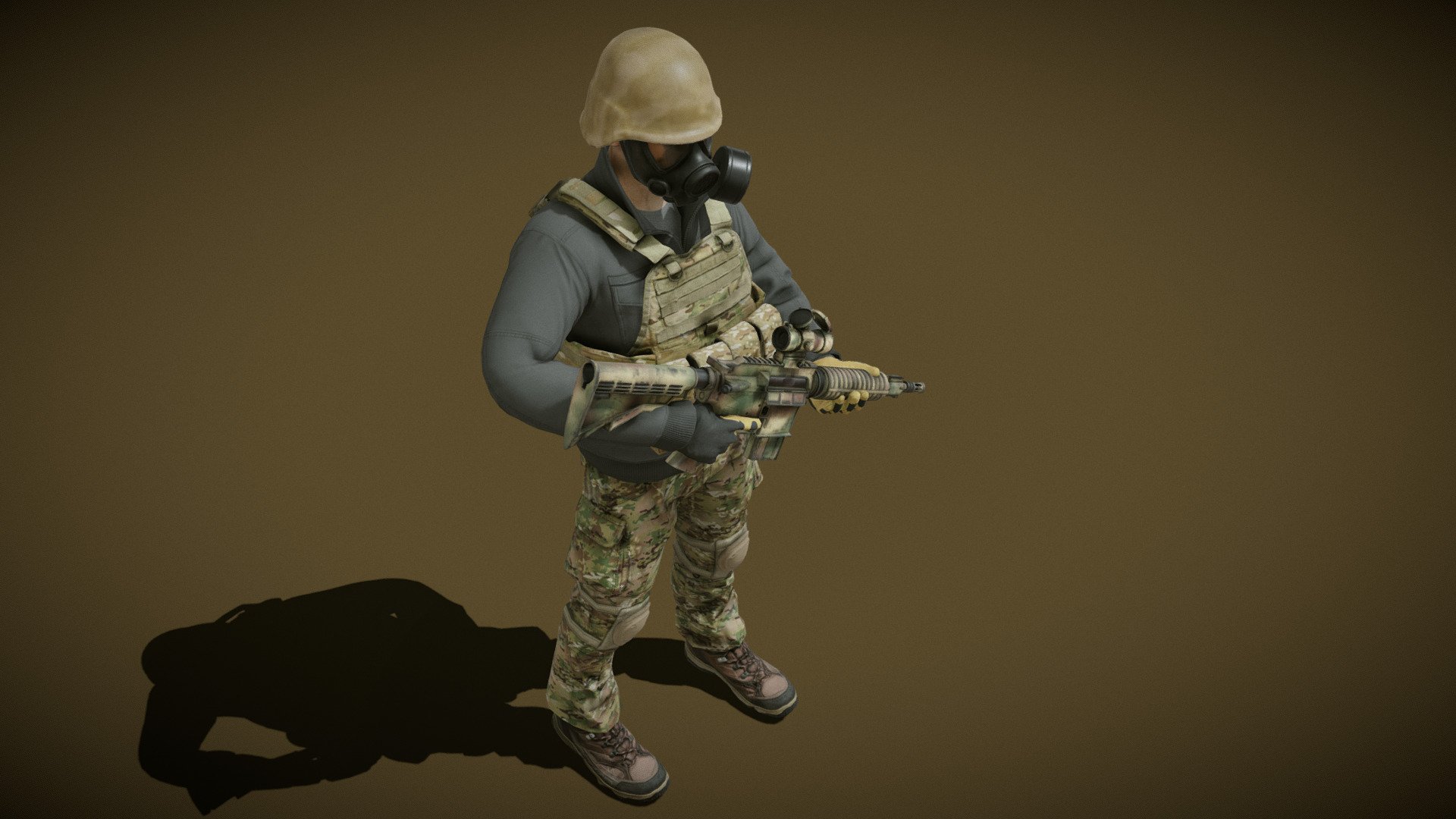 Includes Desert and Black Textures.

Soldier in modern combat uniform with gas mask and plate carrier.

Separate materials for body, headear, gun and scope.

4k PBR textures for headgear, body and gun. 1k for the scope.


For creation of this character I used and edited few of the assets available on Sketchfab.


List of assets:

Pants by Dubel https://skfb.ly/oBOyJ

Jacket by Nick Scott https://skfb.ly/6YRSE

Vest by csheffield https://skfb.ly/6WSMT

Boot by hippieandcorporate https://skfb.ly/6UvoD

Gloves by rubiez https://skfb.ly/6wZZ9
 - Modern Soldier - Buy Royalty Free 3D model by Mateusz Woliński (@jeandiz) 3d model