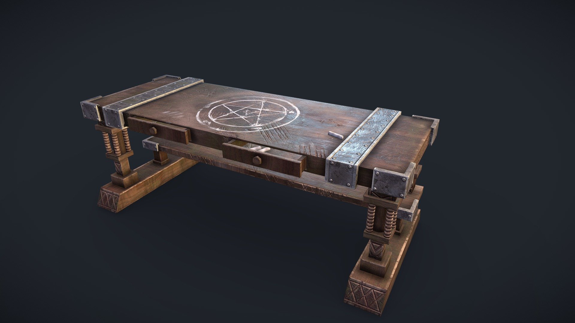 Medieval alchemy table lowpoy model
Two different texture sets- with chalk painting and a clean version

Game-ready model
2K PBR Textures

The UVs are tightly optimized

Contains Maya .mb, .fbx and .obj files

All scene is here https://sketchfab.com/3d-models/magical-summon-table-5119faf061da4ddab9ada17ebd0f9468 - Alchemy wooden table - 3D model by Rixael 3d model