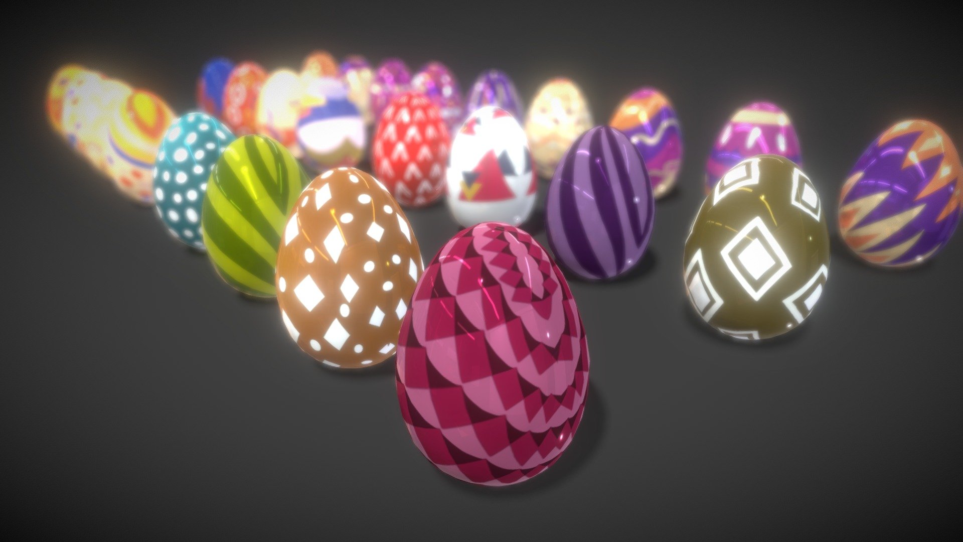 Get ready for Easter!

Collections Easter Eggs 9 model low-poly 3d model ready for Virtual Reality (VR), Augmented Reality (AR), games and other real-time apps. its ready for rendering and advertising too Features: 
- 25 egg prefabs 
- 3Colections styles texture 
 * Polycount list : 
-  Model 3D lowpoly Eggs ( 12800 polys/24000 Tris/12050 Verts) 
-  3 Texture colections size 1024/1024 Please contact me if you have questions or need assistance with the models 3d model