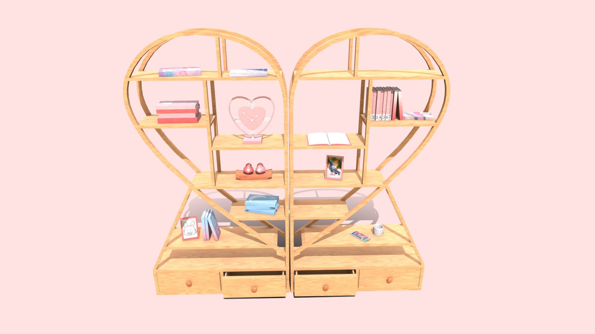 This is model of the shelf in shape of hearth. Model was made as a low poly.

This asset pack contains:

Model of the shelf and decoration which is on it.

Technical information:

Texture 2048x2048 ( one pack for shelf, one pack for decoration )

Shelf - 3336 tris, 1708 faces, 1584 verts.

Clock - 1252 tris, 635 faces, 646 verts.

Decoration without counting clock - 1896 tris, 962 faces, 1008 verts.

Contact details:

lukas.boban123@gmail.com

07591664224

https://www.facebook.com/lukas.boban/

Thank you for taking look please consider leave like.

Model will be free until 21/06/2021 3d model