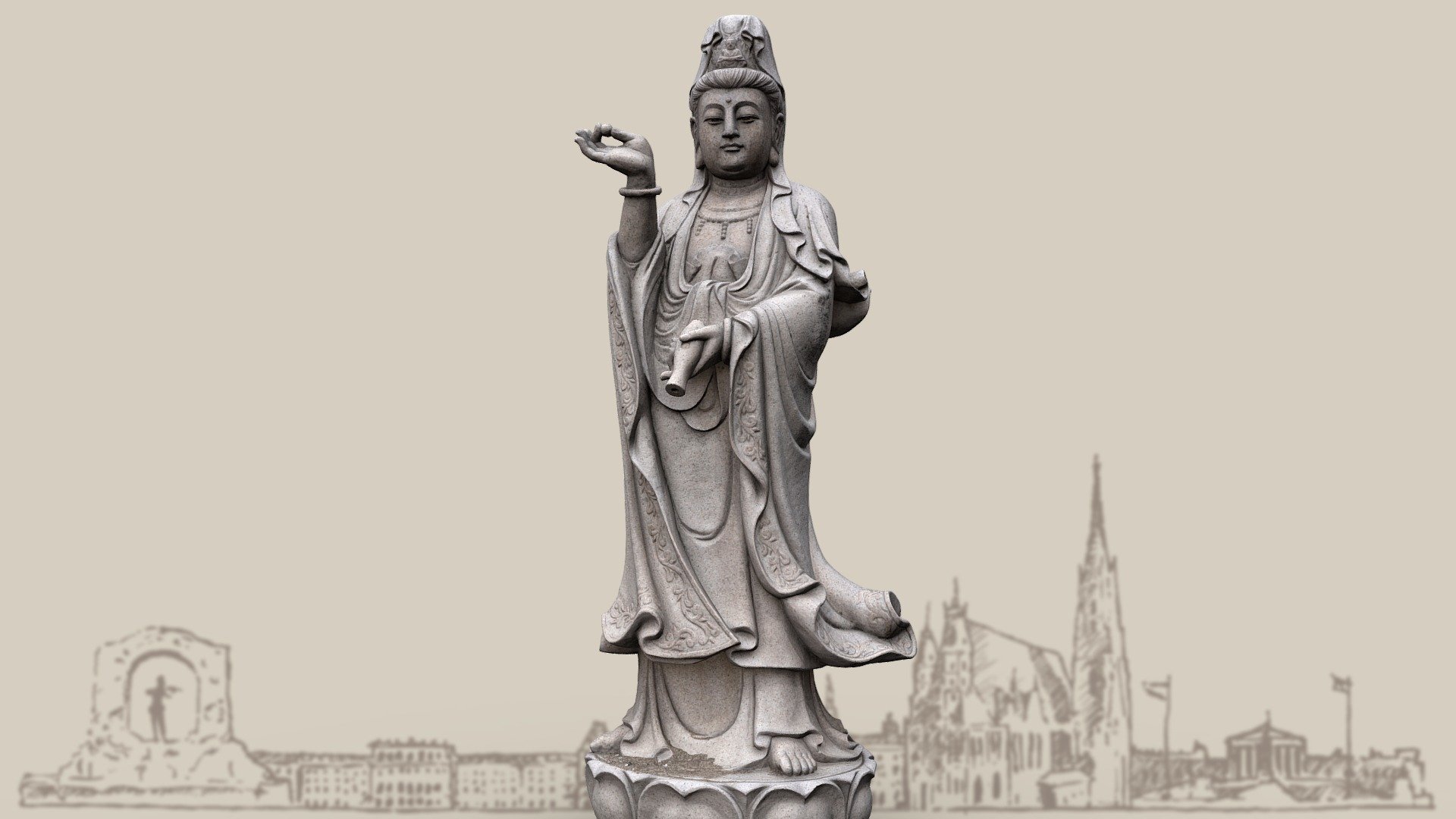Guanyin Bodhisattva in the Hirschtetten Flower Gardens. The statue of the Goddess of Mercy and Peace is a gift from the county government of Qingtian, Zhejiang and was erected in the course of the redesign of the Chinese Garden in 2009 3d model