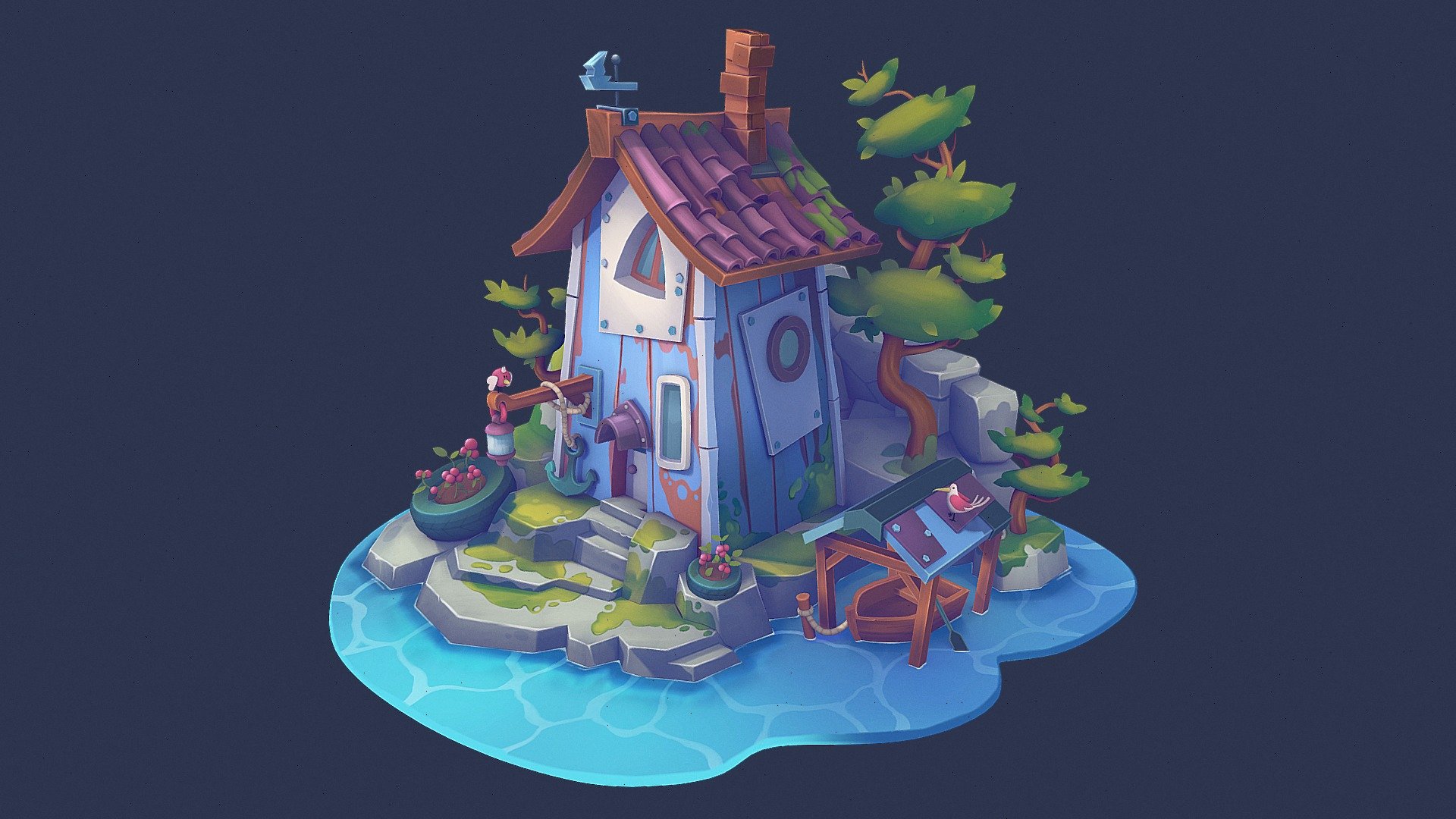 Handpainted house, unlit ! 
There is some AO details that are messed up here for no reason, gonna fix it later 💜

Concept by Natallia Vasilkova who kindly accepted that I redo it in 3D 🌿https://artstation.com/artwork/KrmNnR

Made with Blender and Substance Painter ! - Sailorman House ~ - 3D model by DetectivePacha (@S.Pacha) 3d model