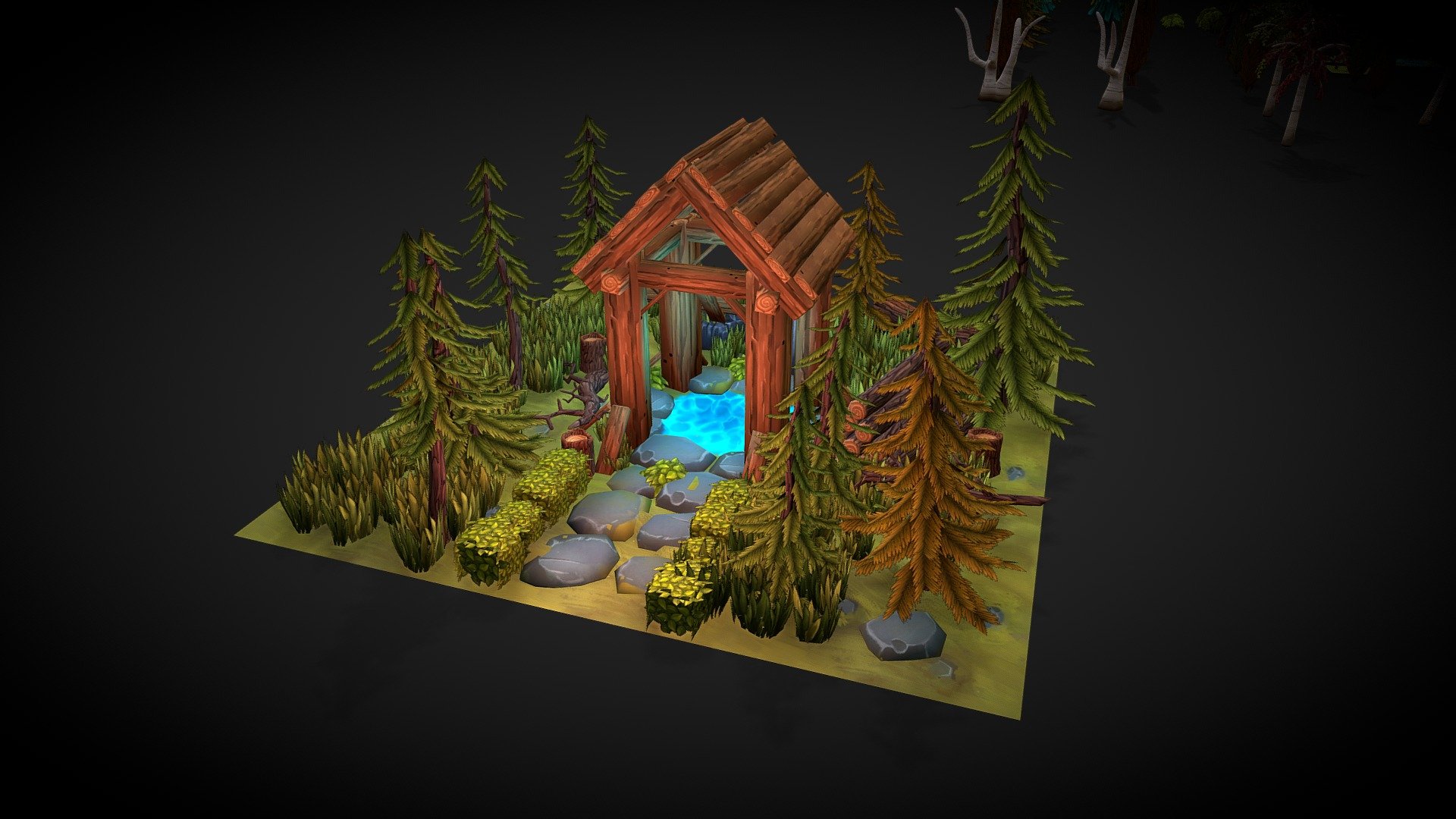 Low poly hand painted nature pack consisting of various models showcased in this small diorama 3d model