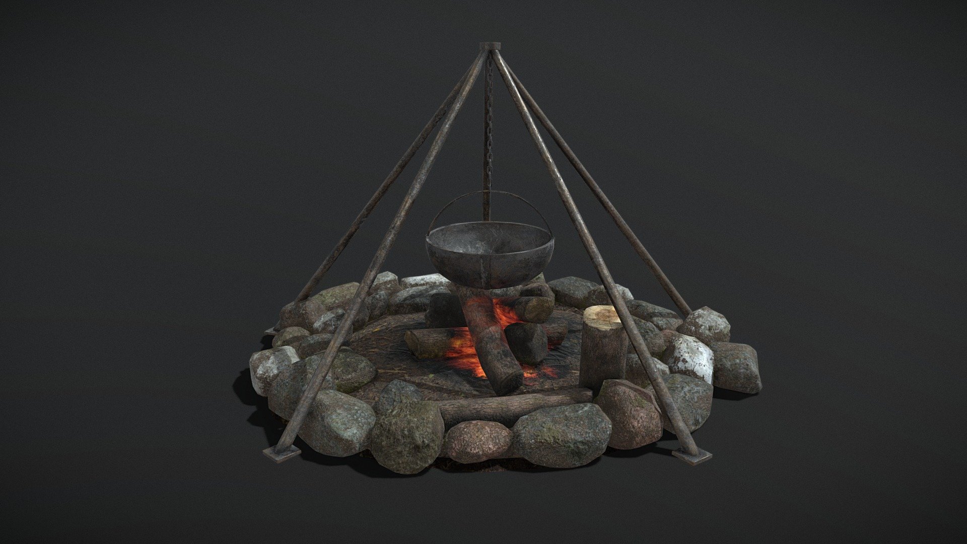 Fire Pit with Hanging Cauldron 3D Model PBR Texture available in 4096 x 4096 Maps include : Basecolor, Normal, Roughness, Height and Metallic. 

Cauldron : 
VR / AR / Low-poly
PBR approved
Geometry Polygon mesh
Polygons 5,515
Vertices 5,653
Textures PNG 

Firepit: 
VR / AR / Low-polyapproved
PBR approved
Geometry Polygon mesh
Polygons 4,985
Vertices 4,842
Textures PNG

From the Creators at Get Dead Entertainment. Please like and Rate! Follow us on FaceBook and Instagram to keep updated on all our newest models 3d model