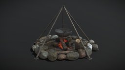 Medieval Hanging Cauldron Firepit base, food, pot, camping, cg, exterior, hanging, prop, viking, medieval, rustic, camp, bbq, vr, dirty, decor, fire, kitchen, cooking, soup, firepit, backyard, unrealengine, furnishings, brew, stew, campingequipment, unity, 3d, lowpoly, cauldron, wood, container, gameready, camping-fire, cooking-fire, outdoor-cooking