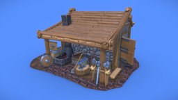 The Blacksmiths crate, wooden, stairs, bench, shelf, hammer, logs, log, rocks, ladder, medieval, roof, boxes, books, crates, furniture, table, forge, bellows, blacksmith, trunk, anvil, game-ready, game-asset, low-poly, book, game, lowpoly, chair, stone, axe, gameasset, house, home, wood, sword, stylized, fantasy, rock, "door", "gameready", "metal-working"