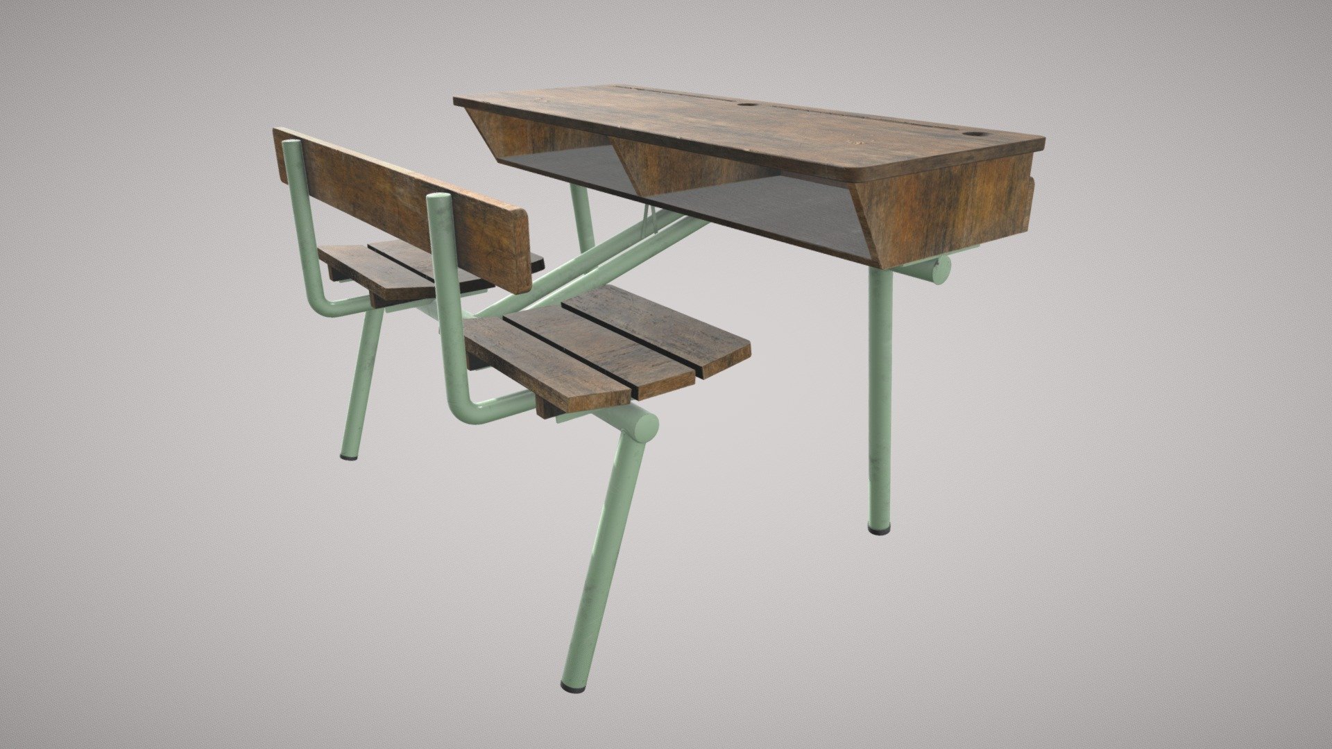 • 🇬🇧 Desk created in 3D. This old school desk will bring back memories. I reproduced a lot of imperfections to add realism like details in the wood, destructions of the paint but also the welds 3d model