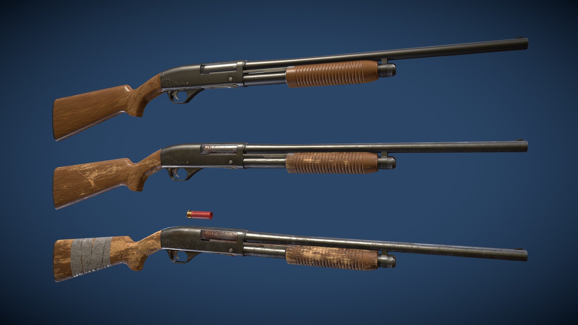 Renders: https://www.artstation.com/artwork/QXLZNL

The Remington Model 31 shotgun model.
This model was made in 3 states: New; Worn; Old. 
The model itself between the states has only a visual difference in textures. The topology of the model is the same in all states.
The shotgun model also has a reload animation.
The model uses 3 PBR textures so far (one pack for each state).

1 Pack:

remington_01_Base Color.png

remington_01_02_ao.jpg

remington_01_Metallic.png

remington_01_Roughness.png

remington_01_Normal.png

2 Pack:

remington_01_02_ao.jpg

remington_02_BaseColor.jpg

remington_02_Metallic.jpg

remington_02_Roughness.jpg

remington_02_Normal.png

3 Pack:

remington_03_ao.jpg

remington_03_BaseColor.jpg

remington_03_Metallic.jpg

remington_03_Roughness.jpg

remington_03_Normal.png

The shotgun model is made in low Poly and has 3.378 vertexes and 6.160 triangles - Shotgun Remington Model 31 in 3 types (Rigged) - Download Free 3D model by Black vizual (@Black_vizual) 3d model