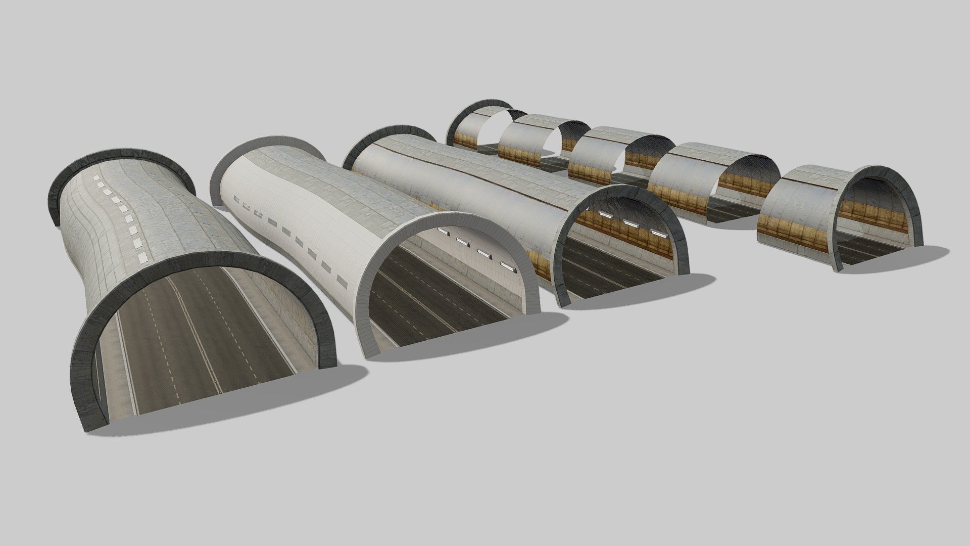 Modular tunnel kit.  Assets are very simple to use and everything is clearly named.  uvs are modular so you will not notice any seems as also uses correctly setup tiled textures.

Assets on the far right I broken out to see the relevant modular pieces - Tunnel - Buy Royalty Free 3D model by studio lab (@leonlabyk) 3d model
