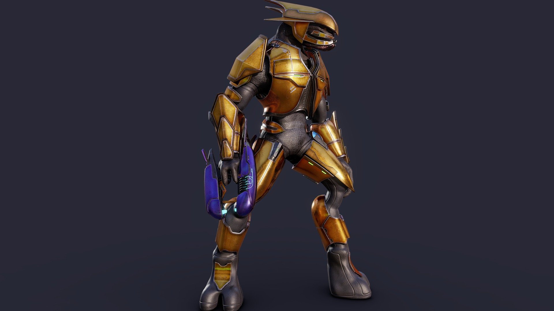 This is my first time making 3D character art, so it took long to make this model. I was never satisfied with the body and textures of the Elite, so I was constantly changing and adding things. After the Elite was finally finished, I decided out of the blue that the Elite needed a plasma rifle. Then I had to model that gun too, which also took a million years&hellip;
However, it was the most fun personal project I've ever done, and I learned so much from it! I will definitely be making more character art in the future.

The alien in question is a Covenant Elite Zealot or Sangheili Zealot. I'm a huge fan of Halo and I was shocked to realize I've never done 3D Halo stuff before. So I chose to make an HD remake of the classic Halo CE elite zealot, with some of my own changes here and there. The cool, shiny gold armor never returned in any of the Halo games that came after CE, so this is my interpretation if the design ever got properly remastered/remade 3d model
