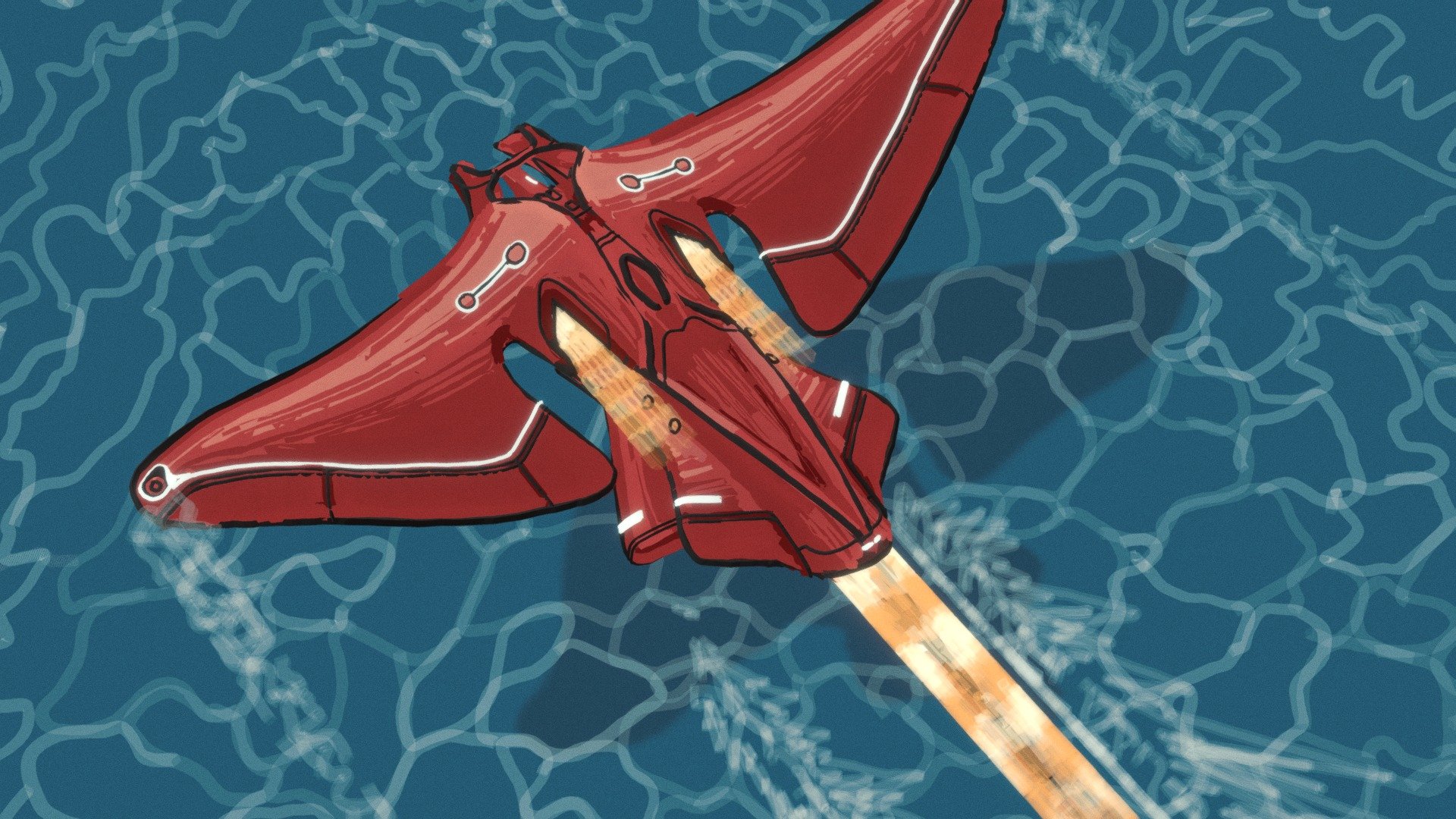 Fantasy aircraft resemble manta ray made with Feather

I tried to put a little Ghibli/Zelda-like style.

It was really fun to express spray and afterburner fire 3d model