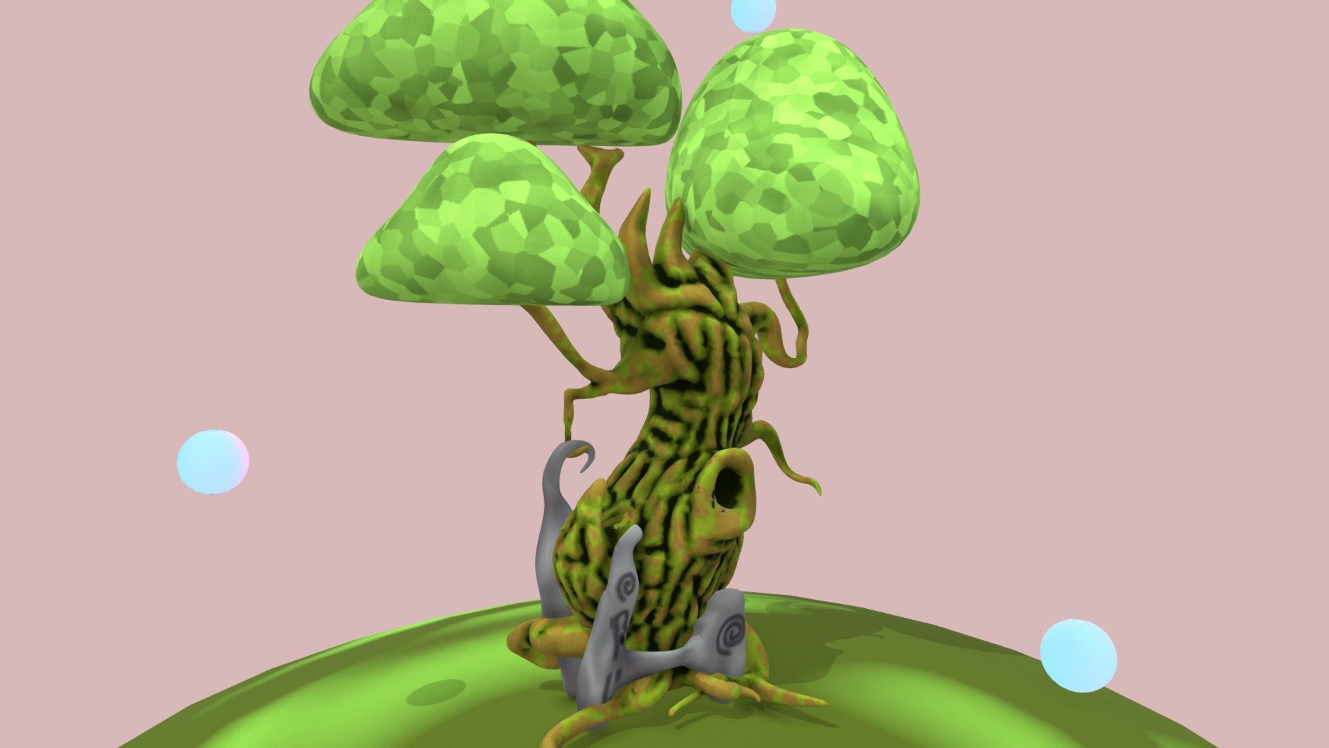 This tree was created very fast in Blender with sculpture mode and optimized with Decimate modifier. Its textures were created in cycles node system.

Partly idea is based on this art (middle tree):https://ru.pinterest.com/pin/426786502168964079/

(I had grass here, but scetchfab has some problems with alpha-images now (or only with my model), so the result isn't final) - Cartoon Magic Tree - 3D model by NaN_4aki (@NaN4aki) 3d model