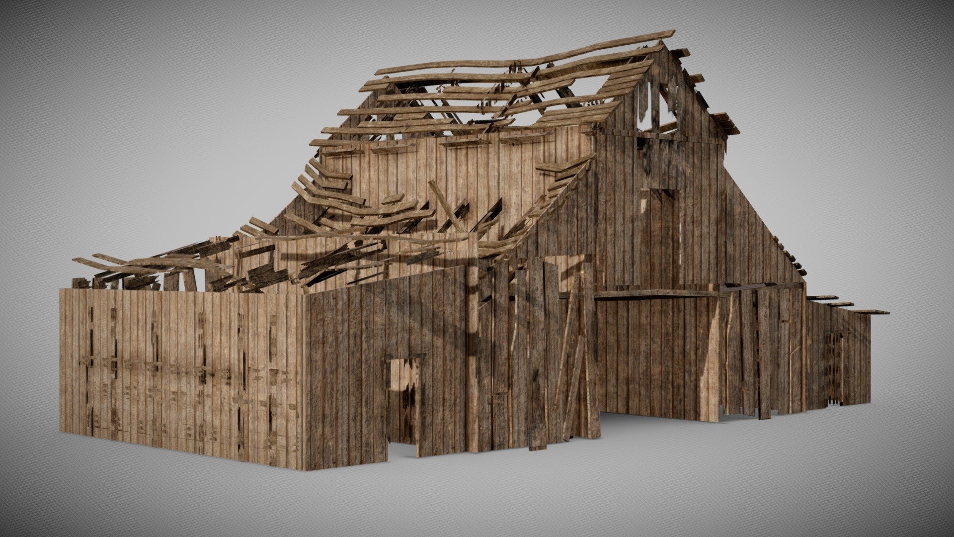 1) What is this product:




This product consist one model of barn village abandoned house

Model placed in compact rigid hierarchy.

Enterable

Pbr metal roughness pipeline for realtime applications,

2) About geometry:




Polygons: 2820

Tris: 5558

Vertices: 3444

3) Technical specs:




Model is built to real-world scal of miniatures

UVs are overlapped mixed.

Units used: centimeters.

4) Textures:




Textures are 4 files 2k albedo, metalness, roughness, ao, normal

cost 4 drawcall and 4  batches
 - barn village abandoned house - Buy Royalty Free 3D model by flawlessnormals 3d model