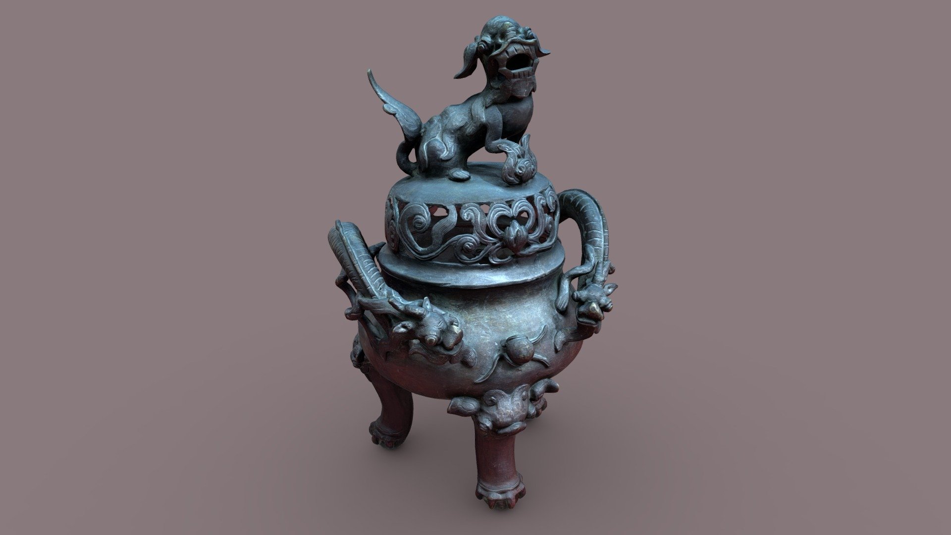 This is an old incense burner that my grandparents received as a gift from friends in China.

Sooty remains of the incense can still be found inside the vessel.


The scan consists of 317 pictures taken with an iPhone 11. Processed in RealityCapture, cleaned in Blender 3d model