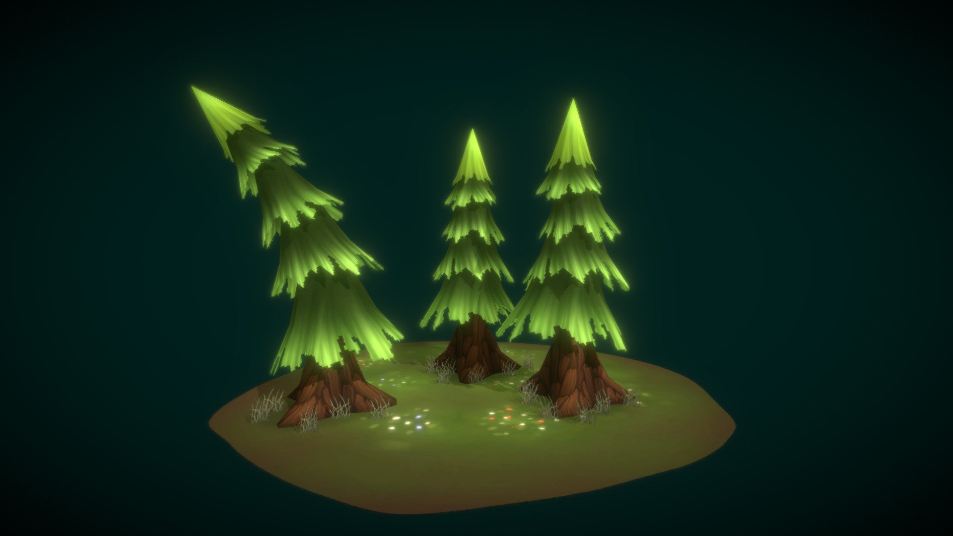Low poly, stylized, pine forest scene.

Software Used
* Modeled in Blender.
* Textured in Blender &amp; Krita.

(Not at all sure why Sketchfab handles the alpha of the leaves so poorly&hellip; my renders and exportations don't have this problem at all.)
https://www.artstation.com/artwork/ArymYX - Pine Forest - 3D model by Andrew Parker (@AndrewParker3D) 3d model