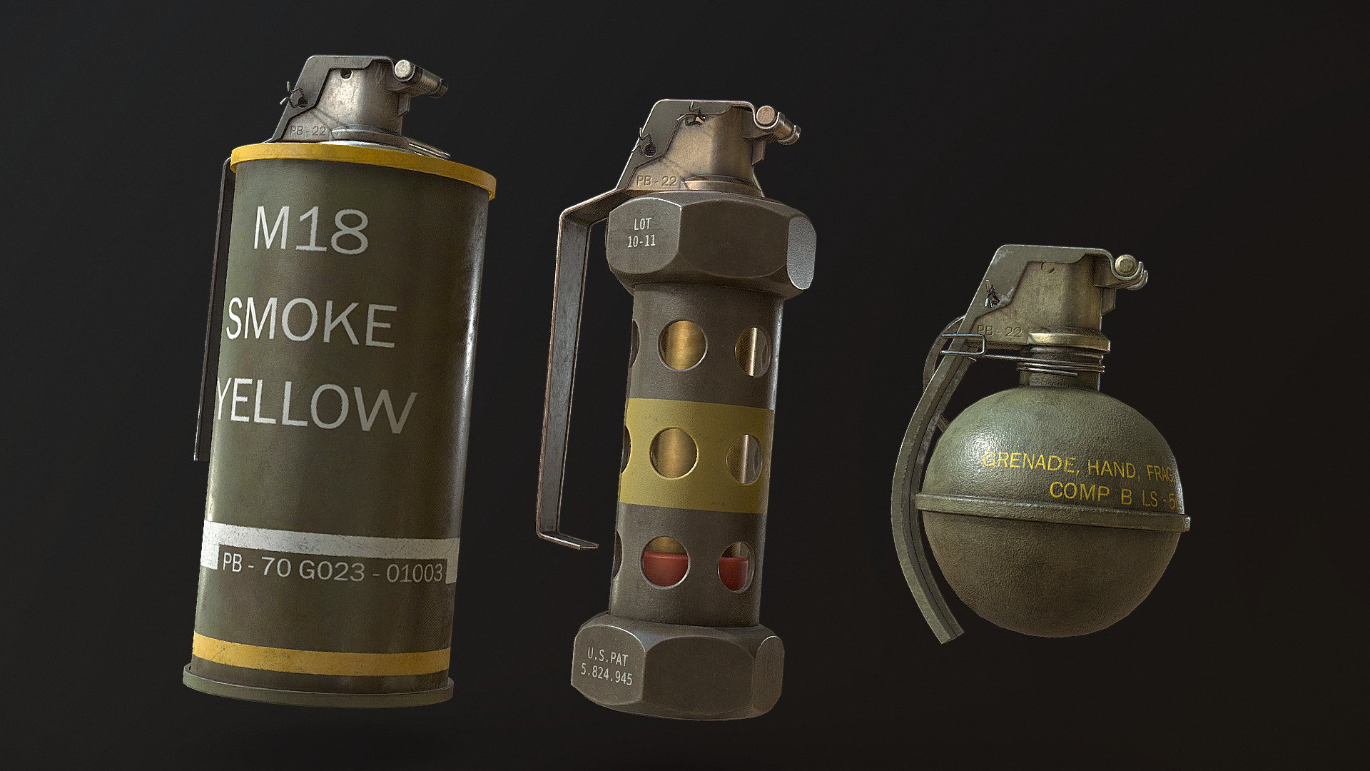 Click to see some spicy renders on my artstation


A small set of Grenades including: M67 FRAG, M18 SMOKE and M 87 STUN

These were made for the purposes of learning fusion 360 and its workflow to game ready assets 3d model