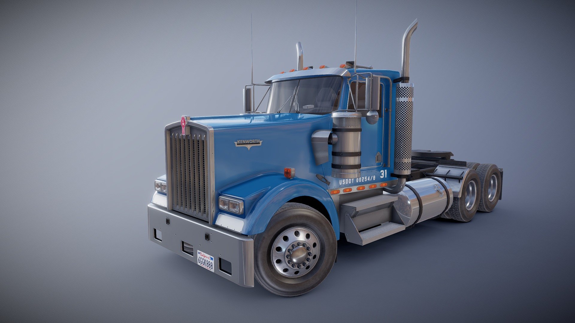 Kenworth daycab truck game ready model.

Full textured model with clean topology.

High accuracy exterior model.

Different tires for rear and front wheels.

High detailed cabin - seams, rivets, chrome parts, wipers and etc.

High detailed rear suspension with axles and other parts.

Lowpoly interior - 1811 tris 1074 verts.

Wheels - 20774 tris 11352 verts.

Full model - 65644 tris 38033 verts.

High detailed rims and tires, with PBR maps(Base_Color/Metallic/Normal/Roughness.png2048x2048 )

Original scale.

Lenght 9.3m , width 3.16m , height 4.1m.

Model ready for real-time apps, games, virtual reality and augmented reality.

Asset looks accuracy and realistic and become a good part of your project 3d model