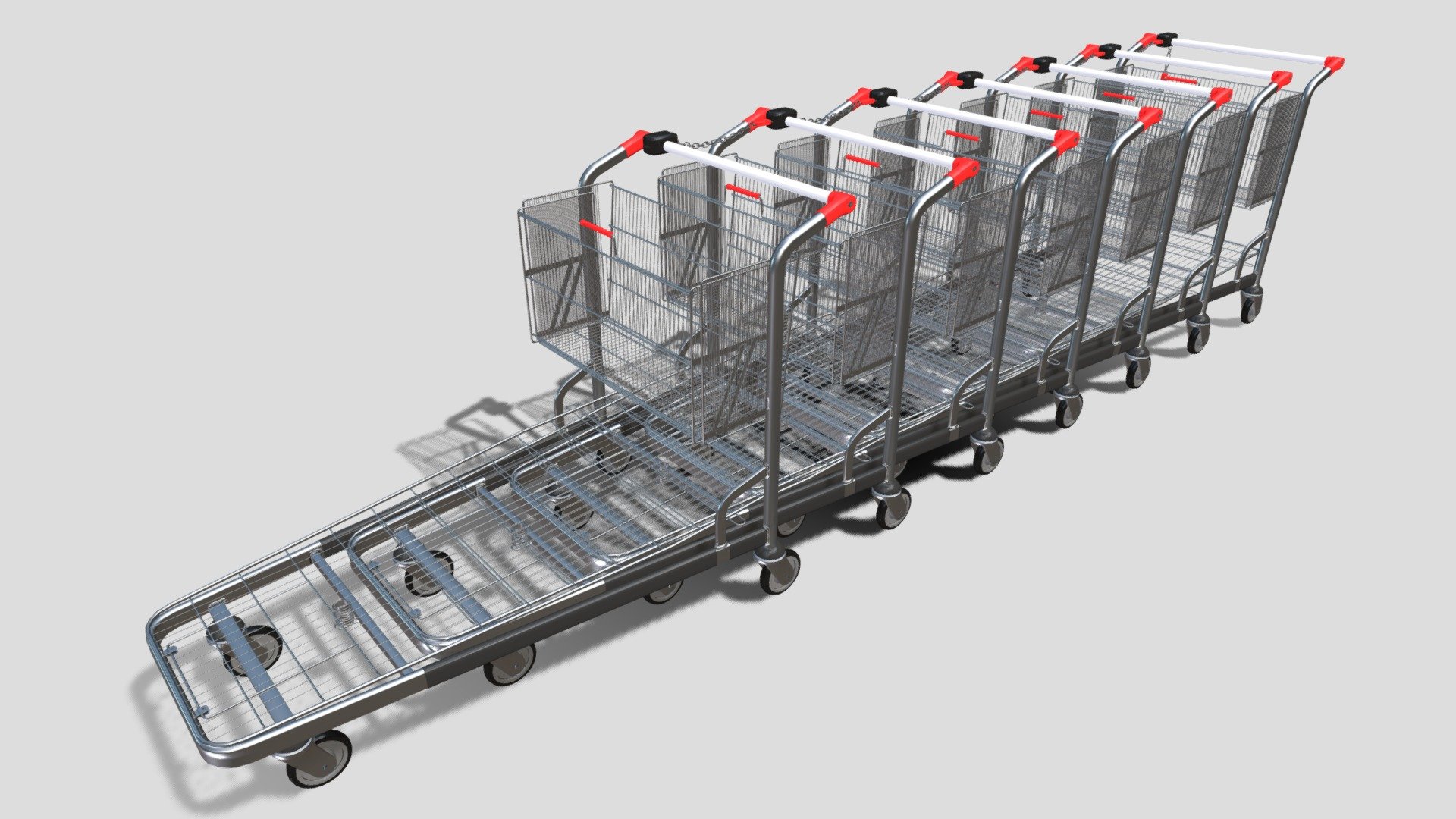 Shopping cart stack 3d model rendered with Cycles in Blender, as per seen on attached images. 
The model is scaled to real-life scale. Poly count is for one cart.

File formats:
-.blend, rendered with cycles, as seen in the images;
-.obj, with materials applied;
-.dae, with materials applied;
-.fbx, with material slots applied;
-.stl;

Three sets of files are provided, one with the basket open and one with it closed, and one with the stack.
Files come named appropriately and split by file format.

3D Software:
The 3D model was originally created in Blender 2.8 and rendered with Cycles.

Materials and textures:
PBR material is being used, consisting of five 4k image textures (Base/Disp/Metallic/Normal/Roughness). 
Certain 3d softwares can possibly need texture re-assigning in order to get the proper material effect.

Preview scenes:
The preview images are rendered in Blender using its built-in render engine &lsquo;Cycles' 3d model