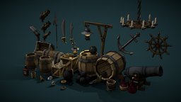 Pirate Props barrel, cutlass, pirateship, props-assets, crate-box, flintlock-pistol, handpainted, low-poly, gameart, gameasset, pirate, handpainted-lowpoly, pirates, 2dlook