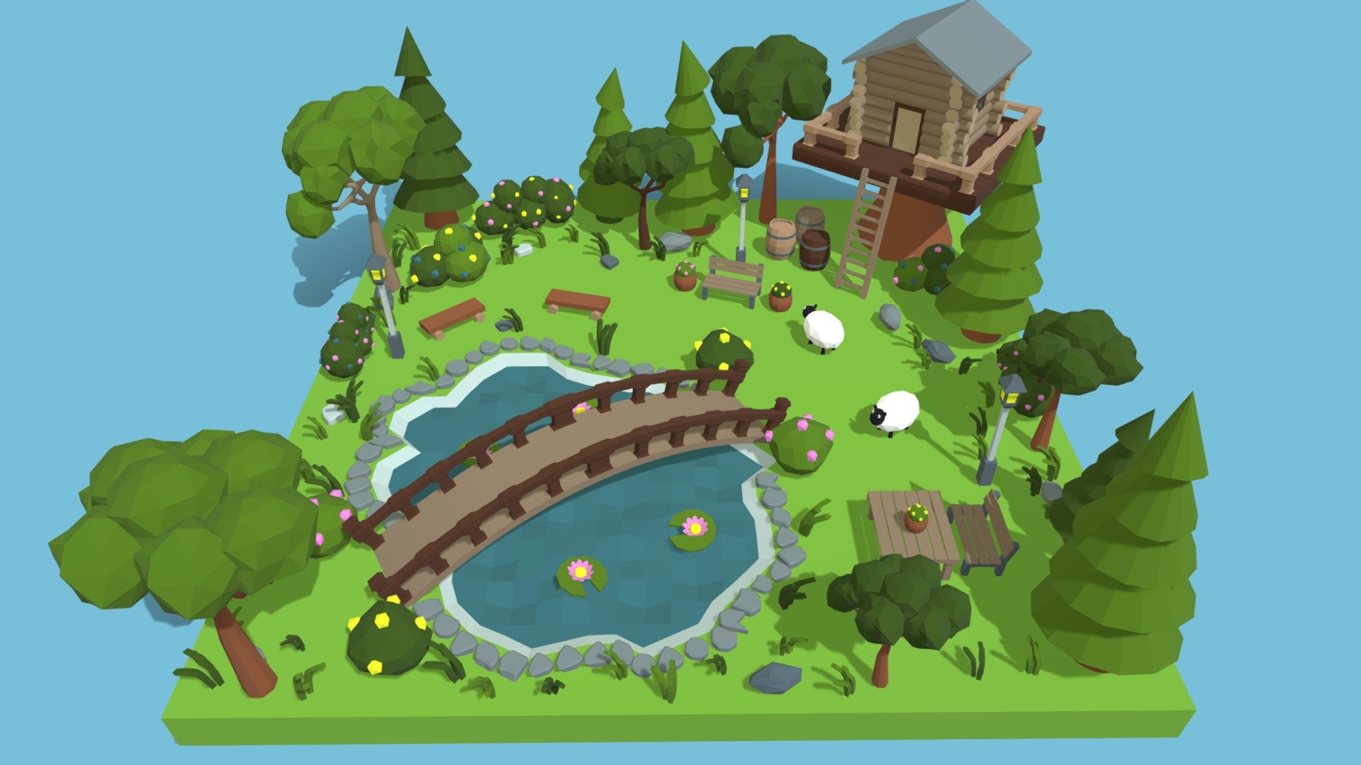 Low poly garden scene that includes:




trees

a tree house

sheep

a lake

bridge over lake

benches

multiple vegetation elements
 - Low Poly Garden - Buy Royalty Free 3D model by I'm blendin' it (@im_blendin_it) 3d model