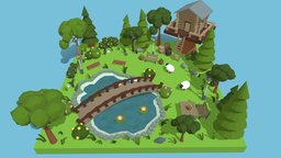Low Poly Garden trees, tree, grass, plants, bench, sheep, garden, lake, park, vegetation, outdoor, treehouse, nature, cozy, lowpolyart, low-poly-model, low-poly, lowpoly, blender3d, environment