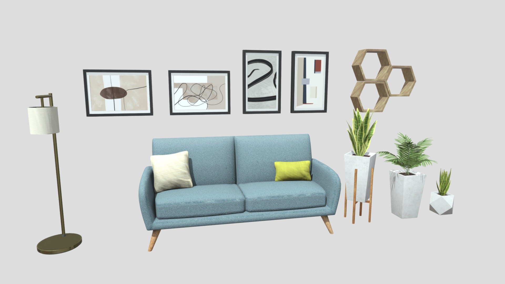 Furniture pack containing:
-Blue couch
-Metal lamp
-4 paintings with diferent designs.
-Wall hexagonal wooden boards.
-3 Indoor plants with diferent pot designs 3d model