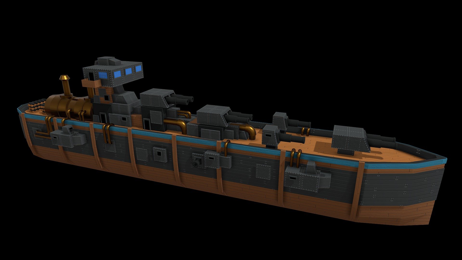 large pre-1900s stylized battle ship 

-battle ship with 8 large cannons and 4 smell guns

-this is part of a collection of ships https://skfb.ly/oHOAO - Large War Ship - Buy Royalty Free 3D model by Randall_3D 3d model