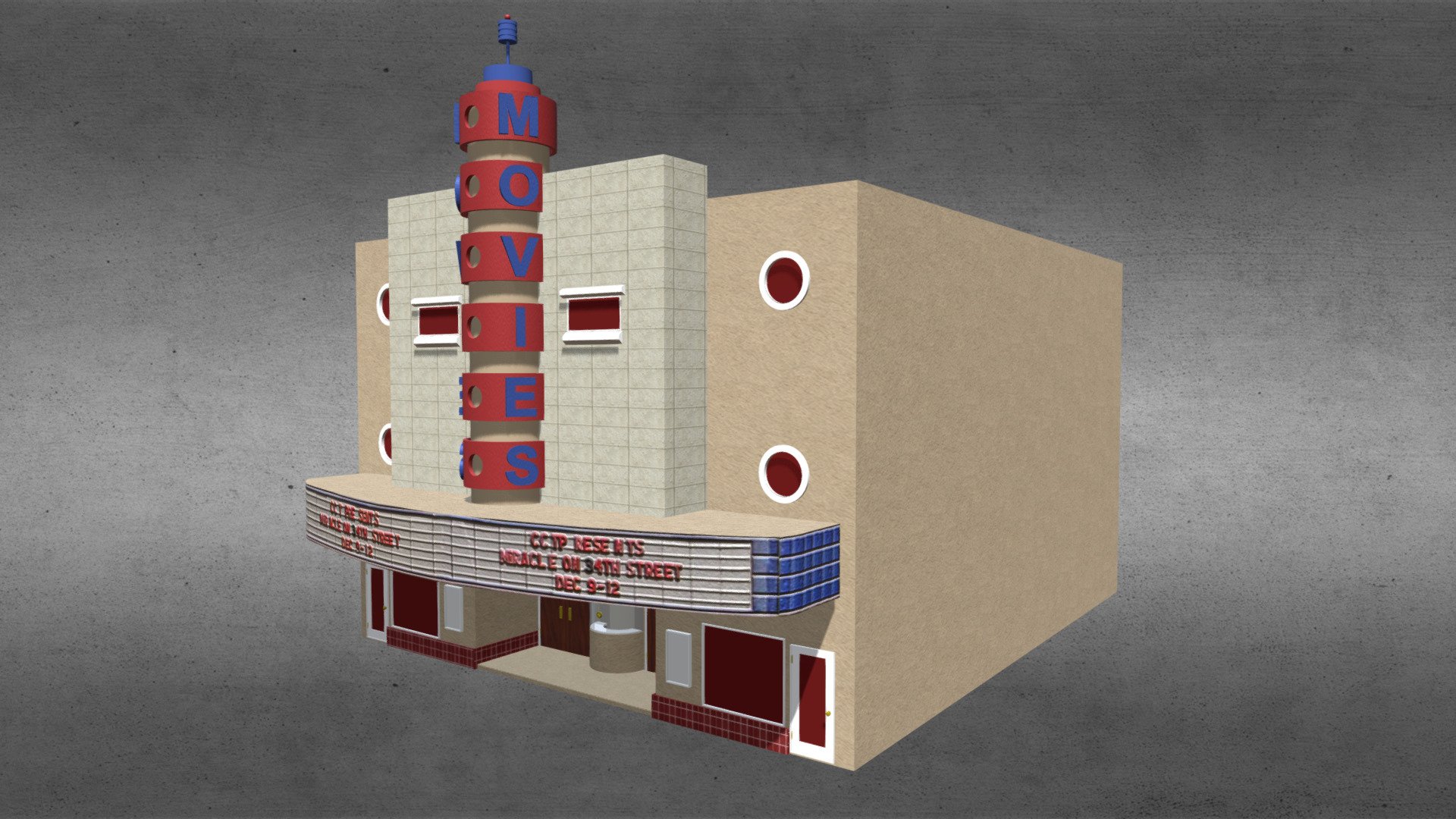 This is an exterior model of a movie theater.

Product Features:


Made with 3 and 4-point polygons.
Includes group information, which your software should interpret as separate parts: building, 3 left doors, and 3 right doors.

Textures:


The model is UV mapped.
One color scheme with texture maps and bump maps, at 2048x2048 pixels.

Original model by, and acquired, from Poserworld, and now owned by VanishingPoint 3d model